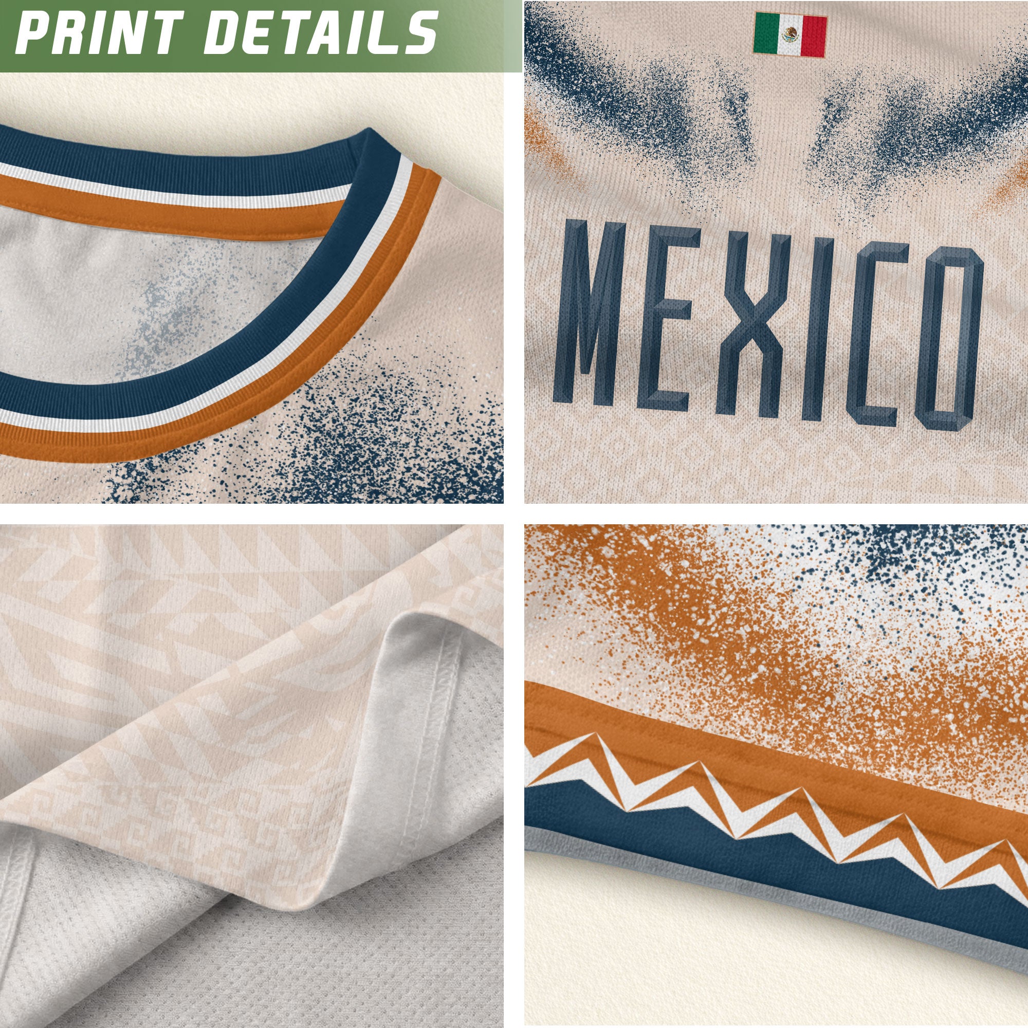 Mexico Soccer Shirt Beige Breathable Fabric Graphic Print Sport Training Jersey Tee