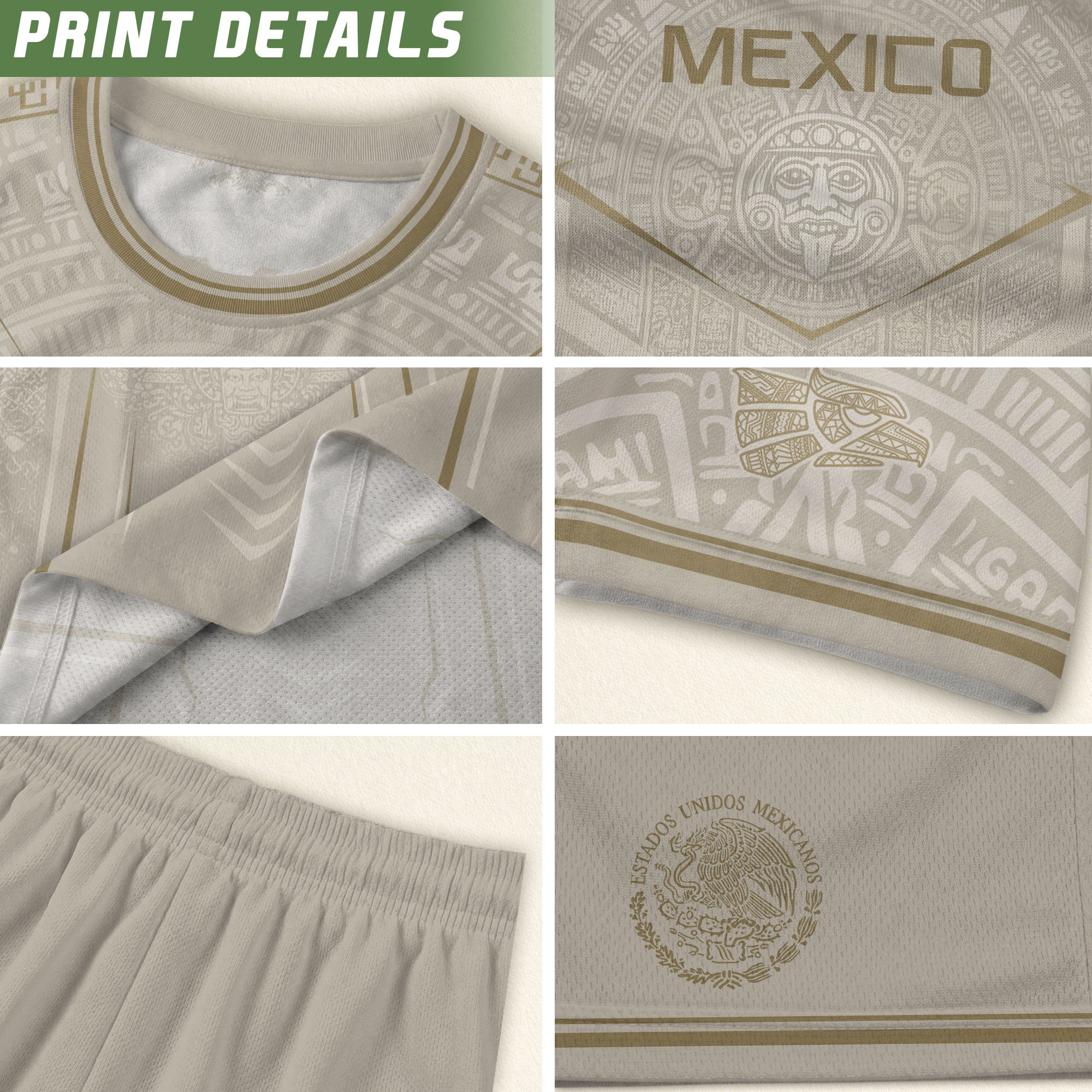Camiseta de fútbol premium con emblema de águila azteca verde y dorado de México