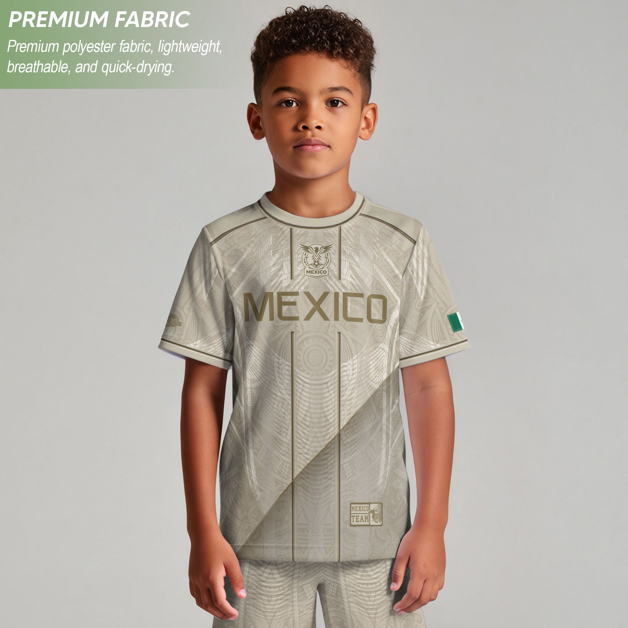 Camiseta de fútbol juvenil con estampado vertical del Águila Dorada Negra de México