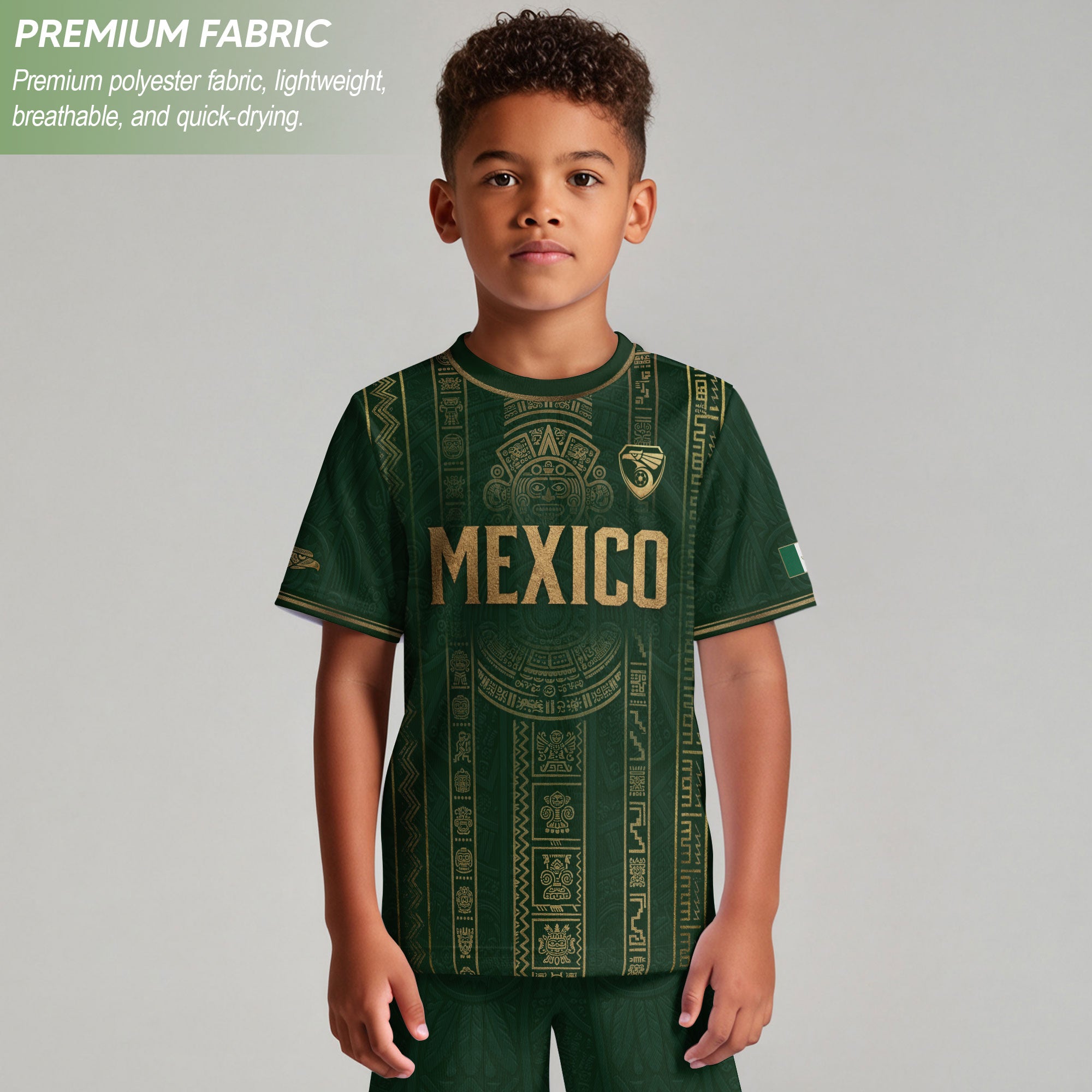 Camiseta de fútbol juvenil con estampado vertical del Águila Dorada Negra de México