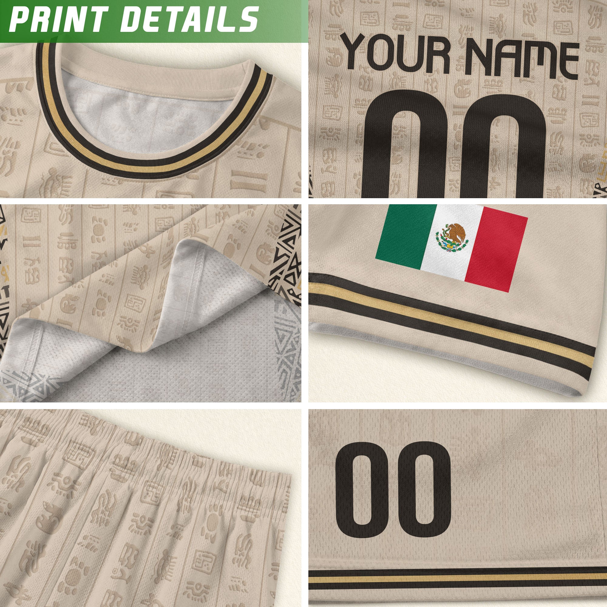 Custom Kid Mexico Soccer Jersey Sand Color Mayan Graphic Personalized Youth Top
