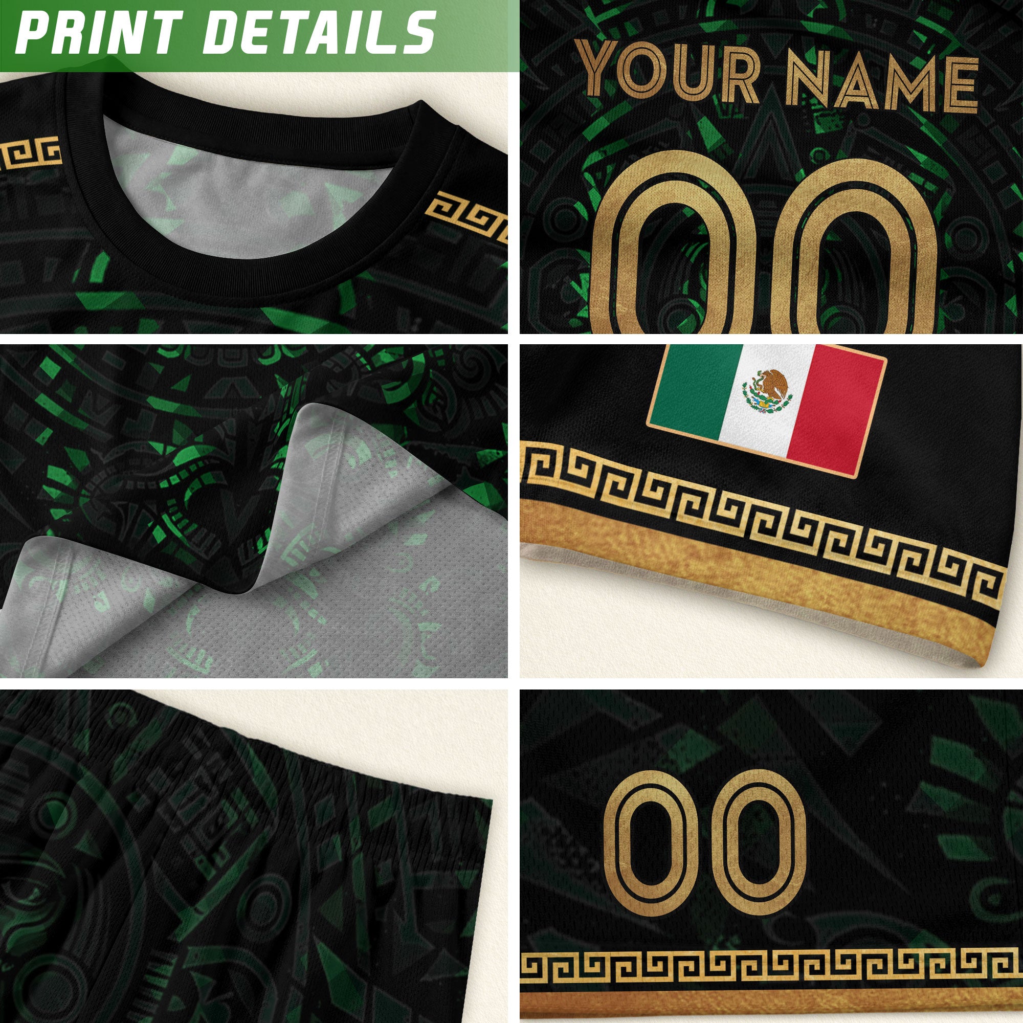 Custom Kid Mexico Soccer Jersey Black Green Design Tribal Pattern Sport Shirt