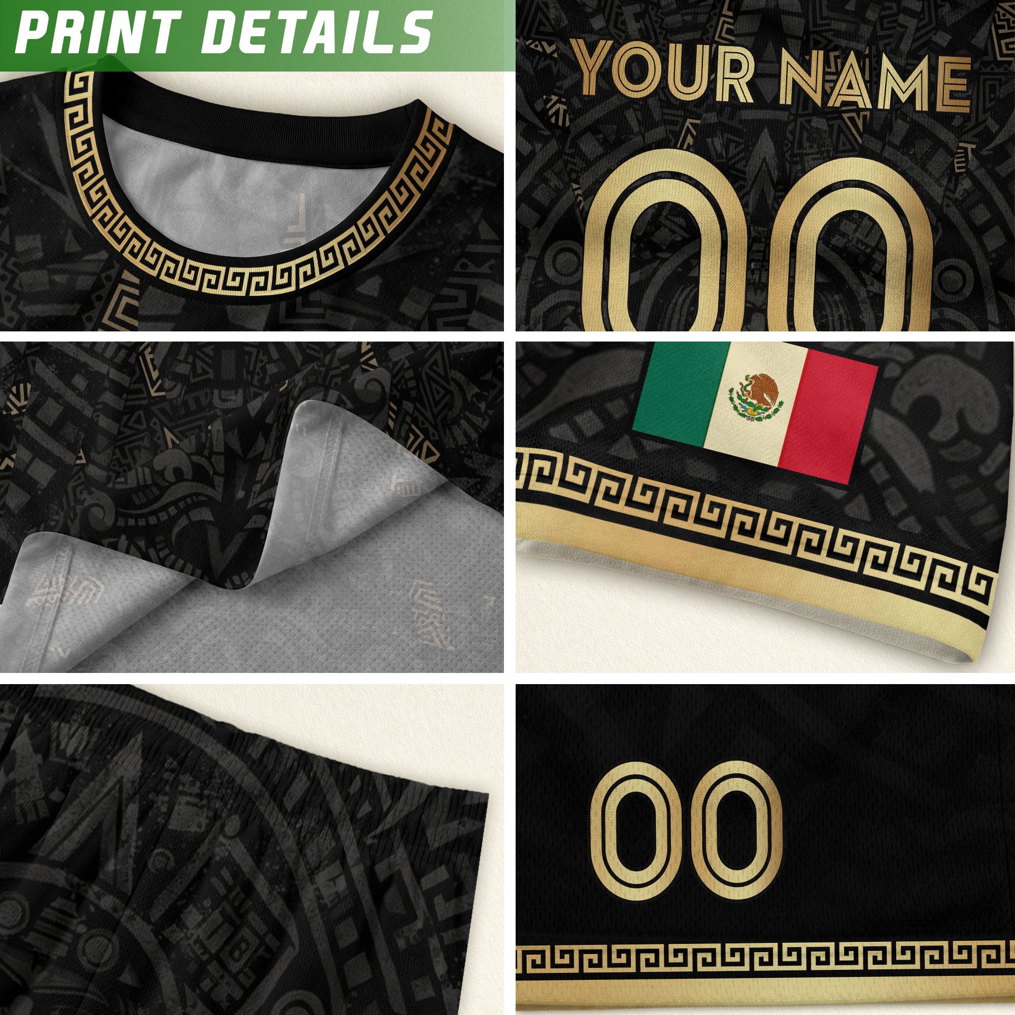 Custom Kid Mexico Soccer Jersey Black Gold Edition Mayan Print Custom Name Tee