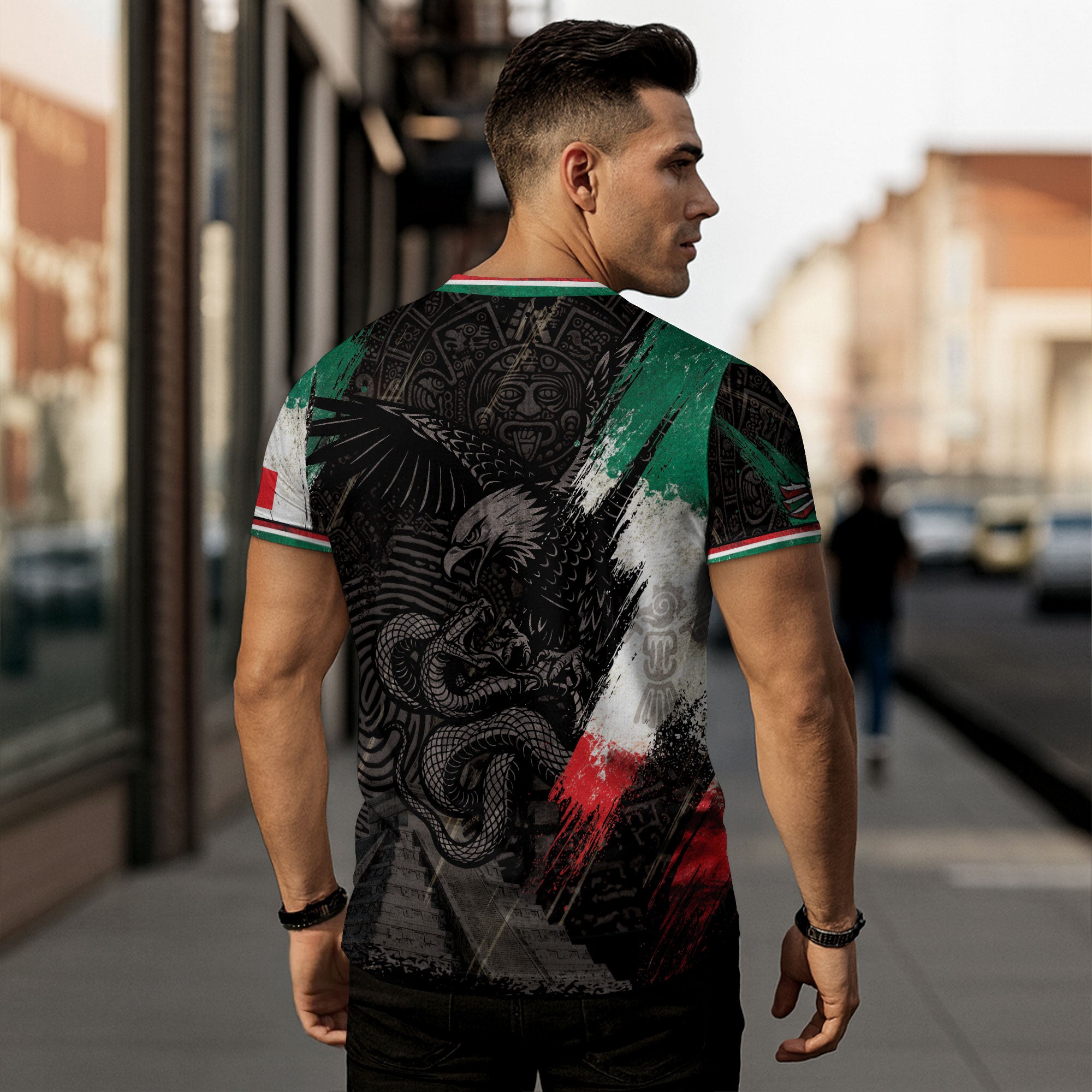 Mexico T-Shirt All Over Print Aztec Eagle Mexican Flag Shirt Men Graphic Tee