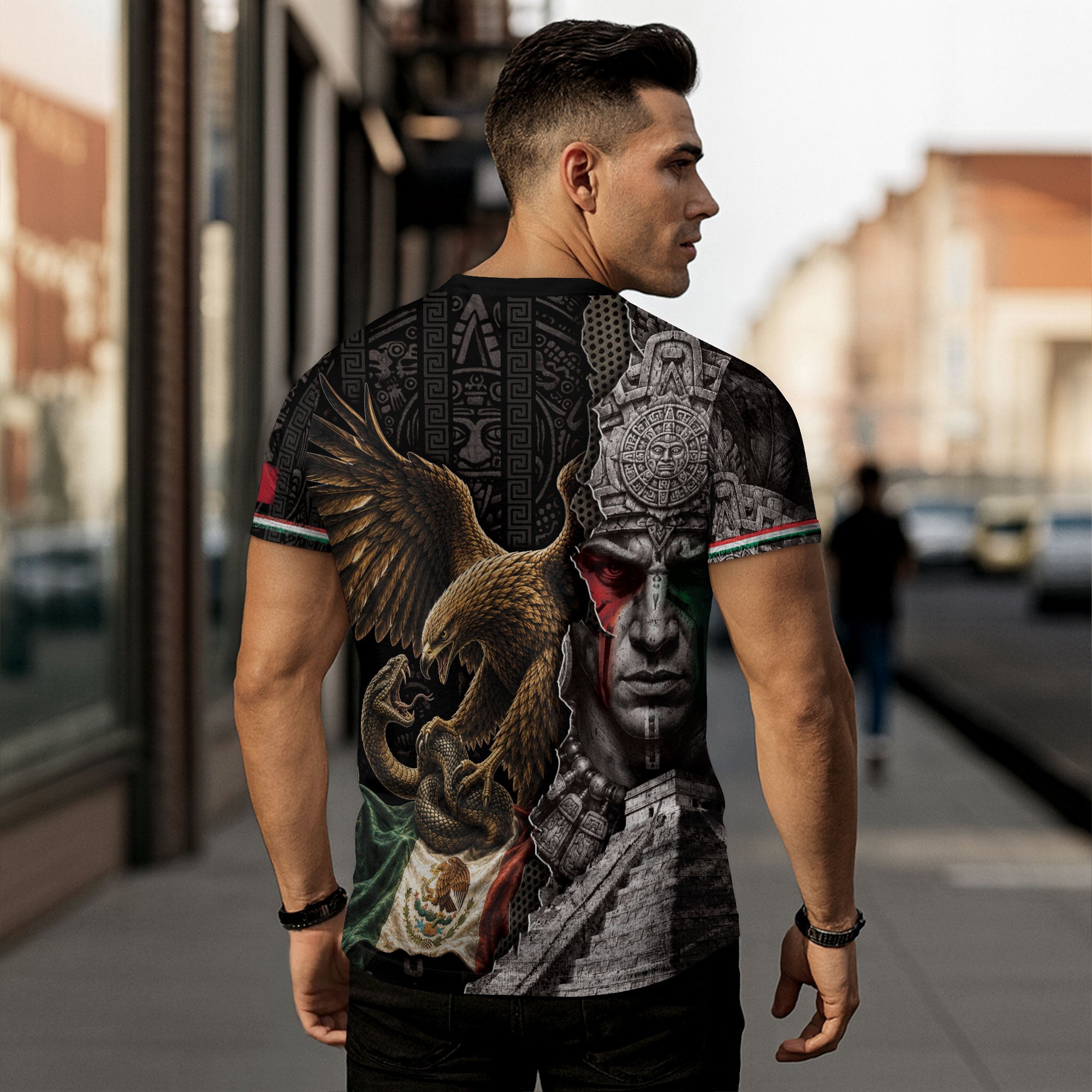 Mexico T-Shirt Aztec Warrior Mayan Pyramid Eagle Serpent Graphic Tee Shirt