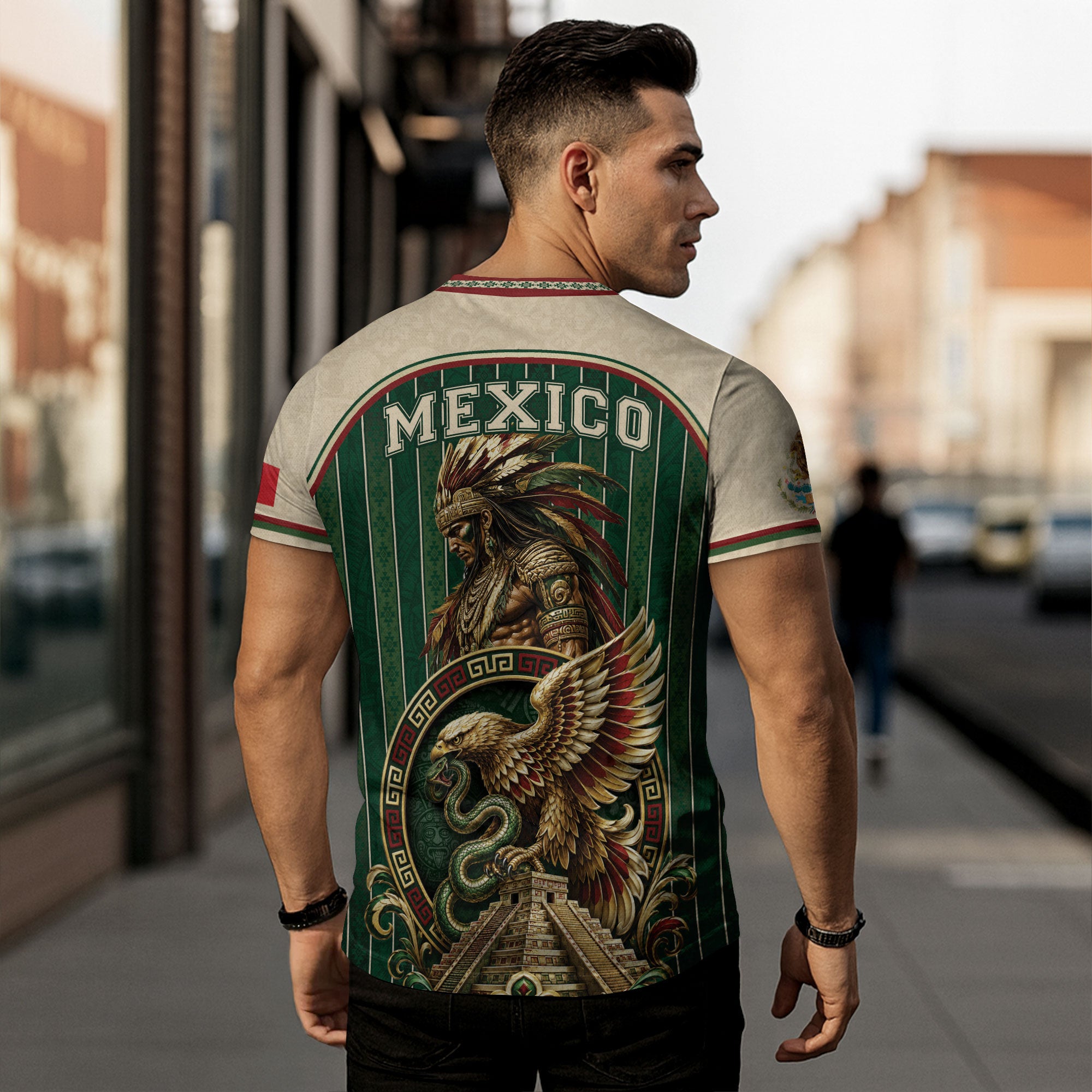 Camiseta con la bandera de México, Guadalupe, herencia floral azteca, legado del orgullo nacional