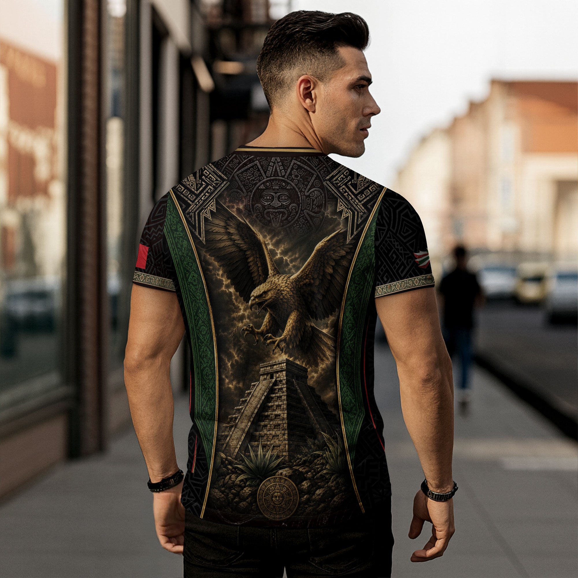 Camiseta con la bandera de México, Guadalupe, herencia floral azteca, legado del orgullo nacional