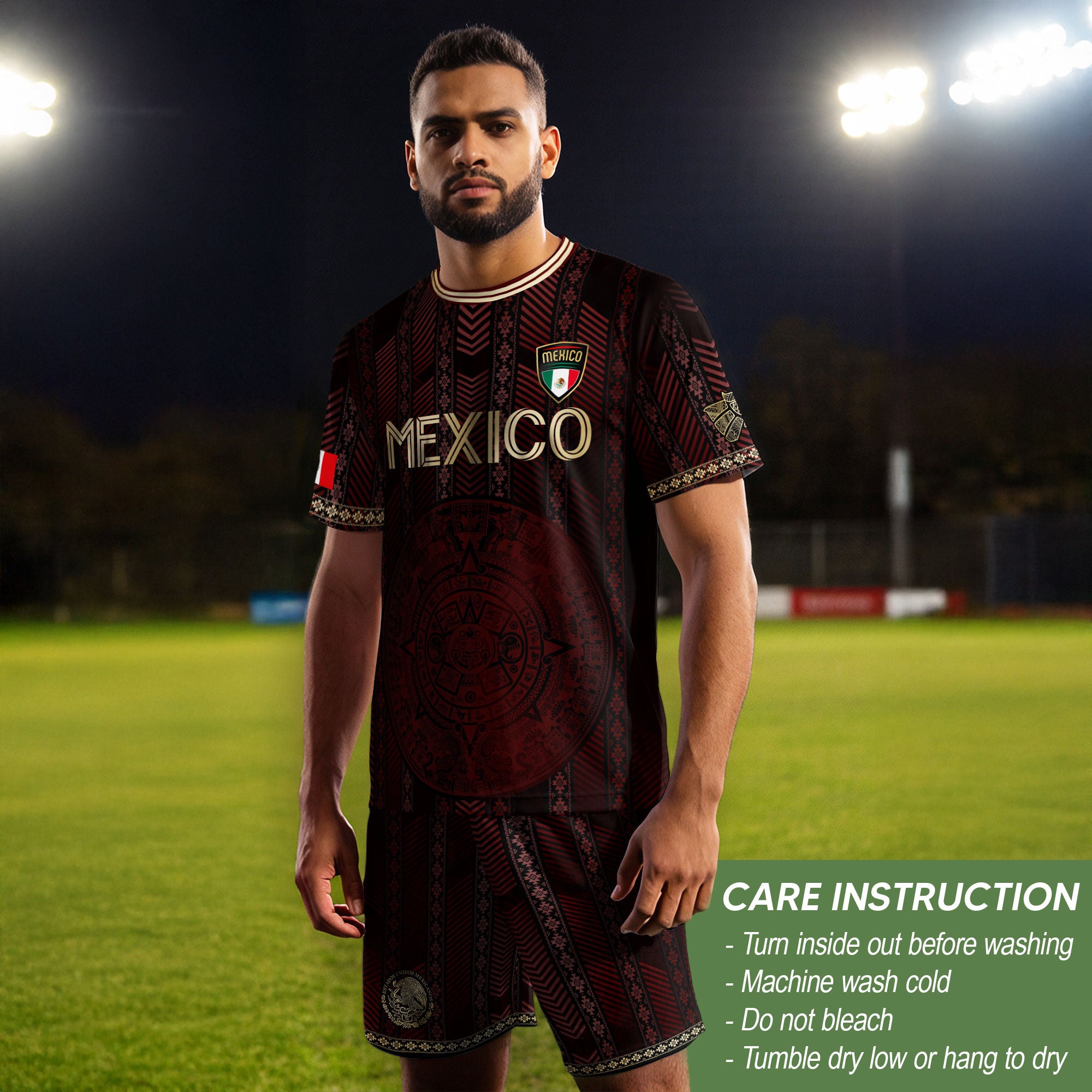 Mexico Burgundy Soccer Jersey with Golden Aztec Calendar and Eagle Crest