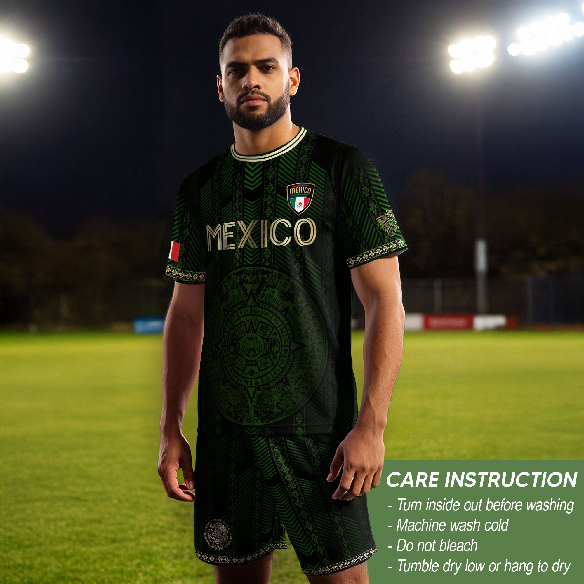 Mexico Green Soccer Jersey with Golden Aztec Calendar and Eagle Crest