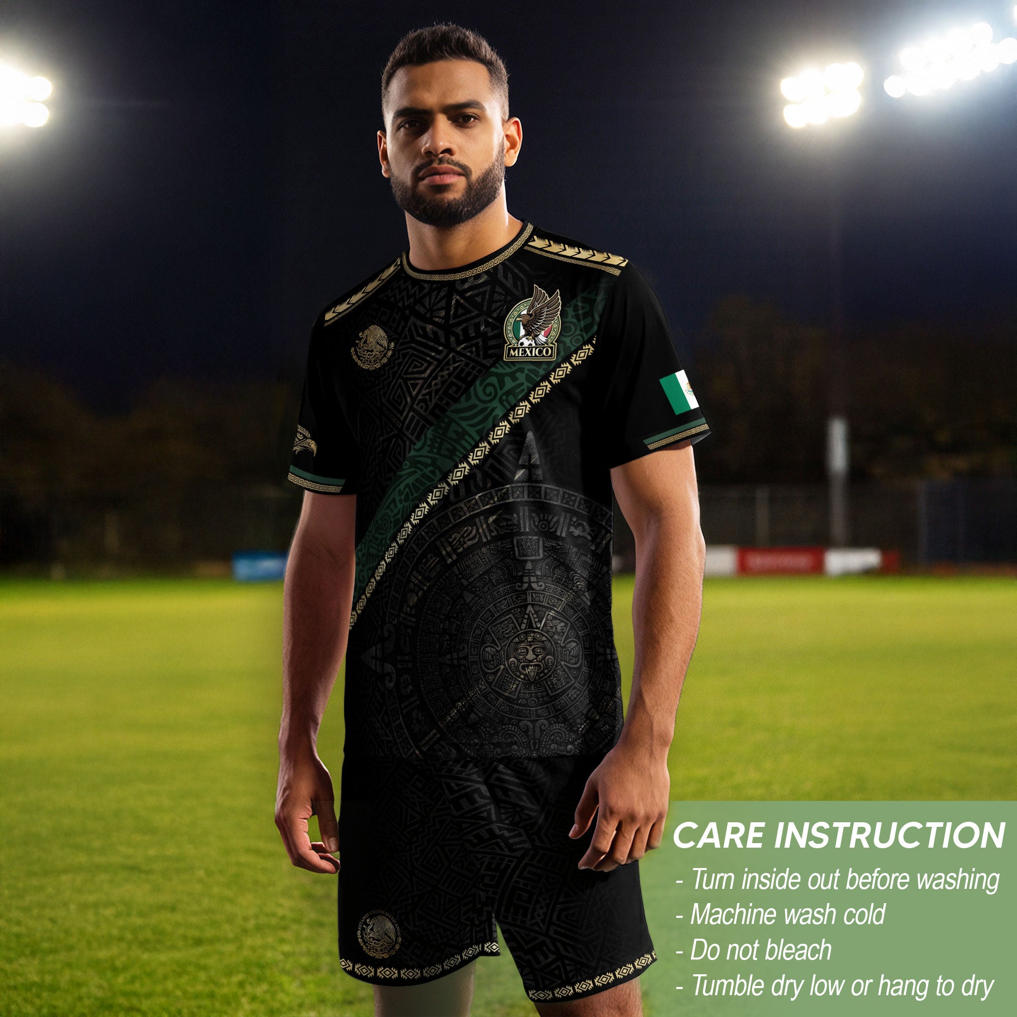 Mexico Heritage Orgullo Mexicano Black Gold Sash Aztec Calendar Gold Shoulder Soccer Jersey