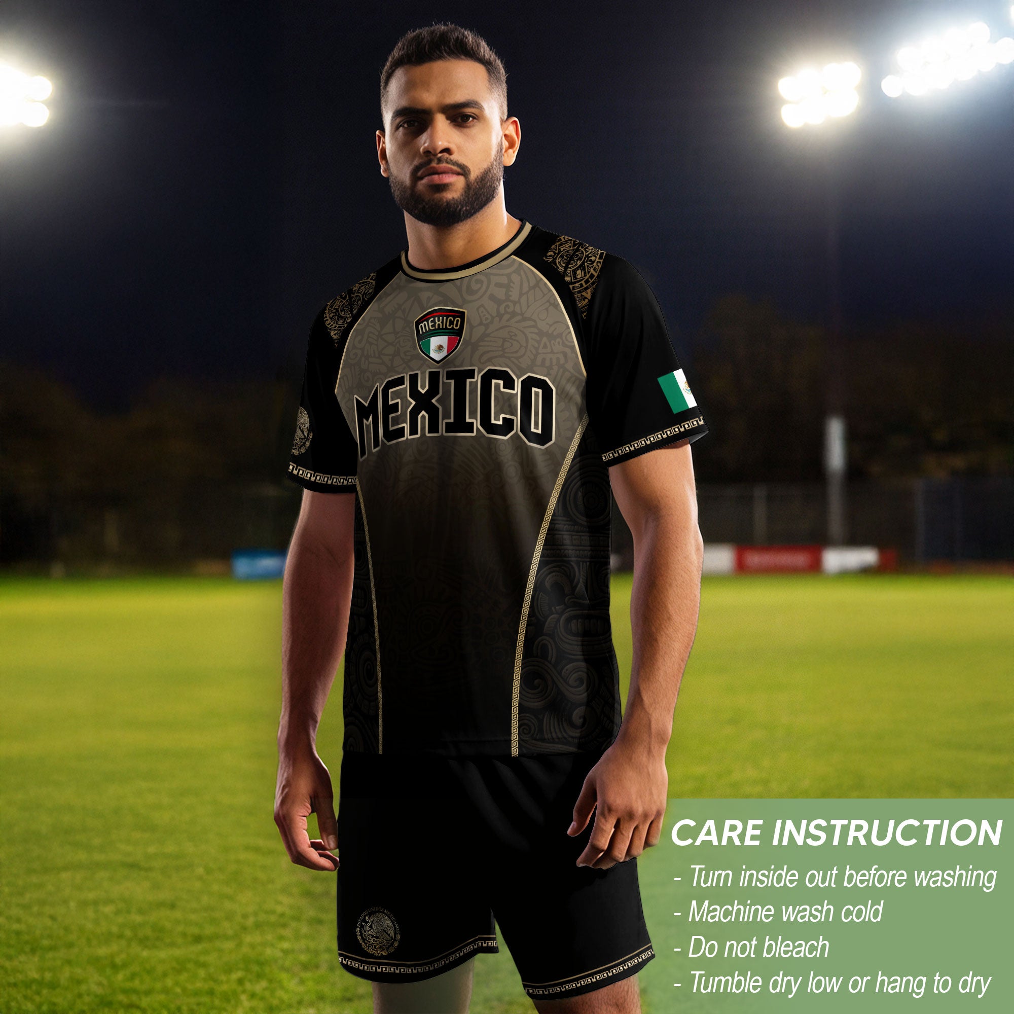 Mexico Heritage Black Tan Arch Design Aztec Empire Pride Graphic Soccer Jersey