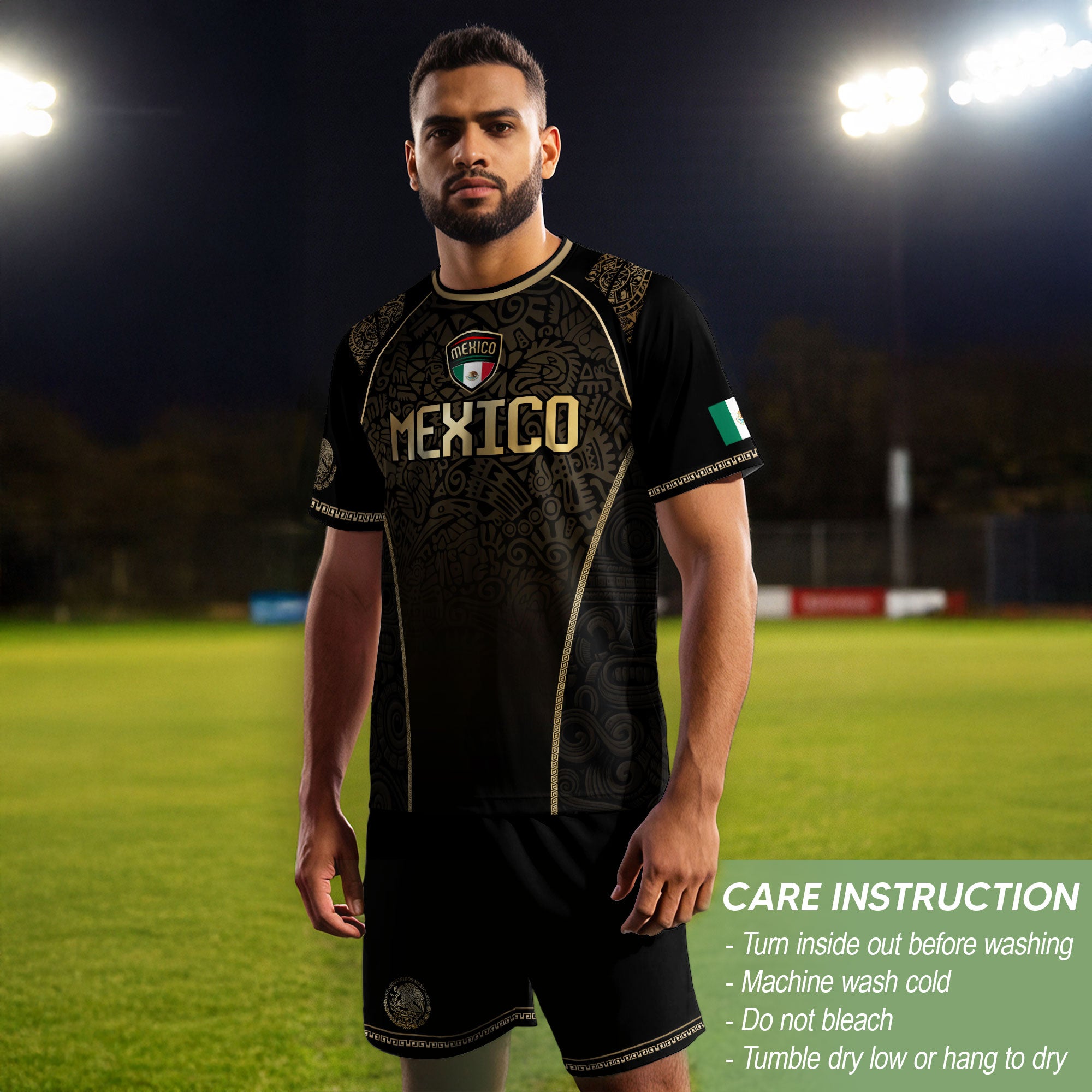 Mexico Heritage Black Tan Arch Design Aztec Empire Pride Graphic Soccer Jersey