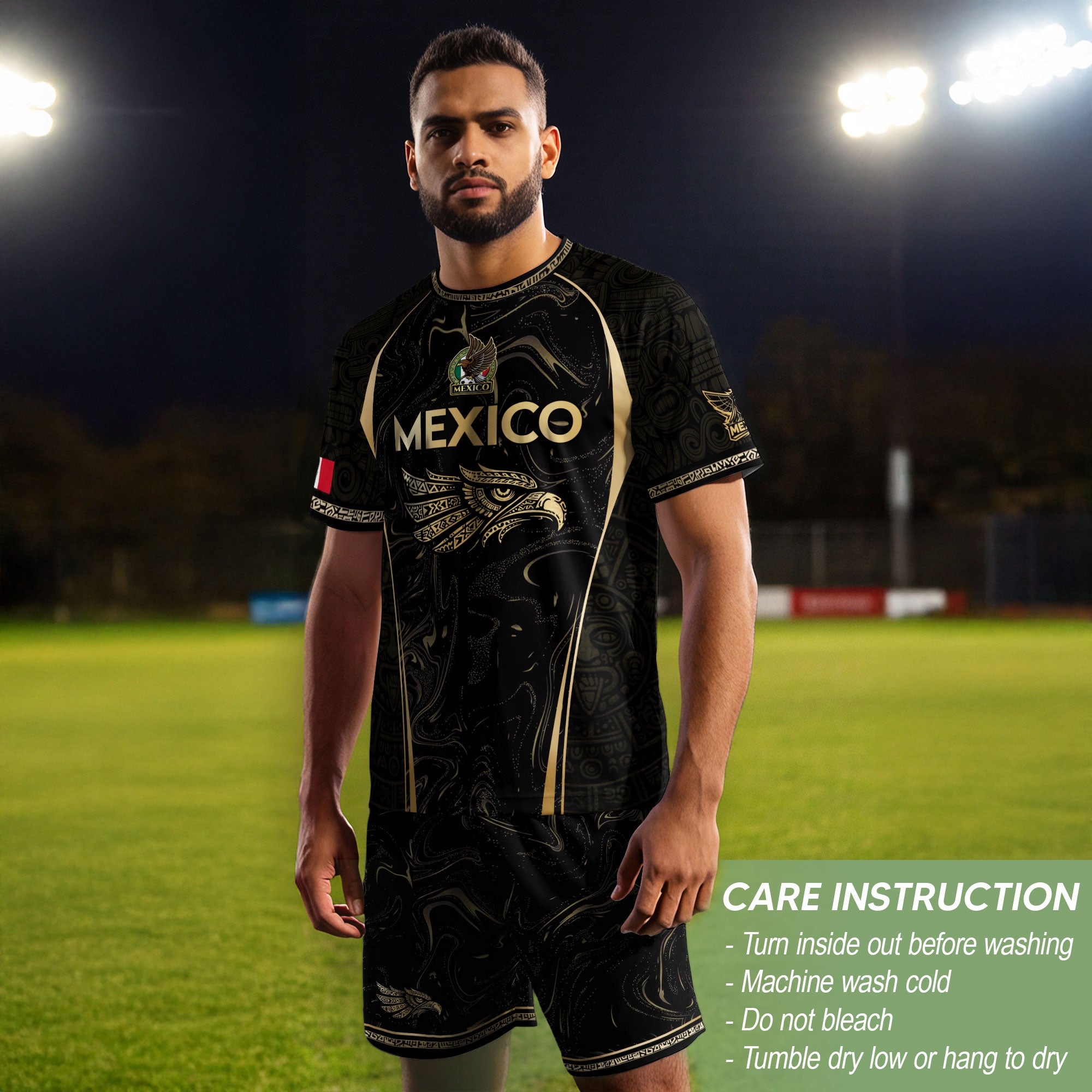Mexico Coat of Arms Black Gold Aztec Eagle Warrior Heritage Soccer Jersey