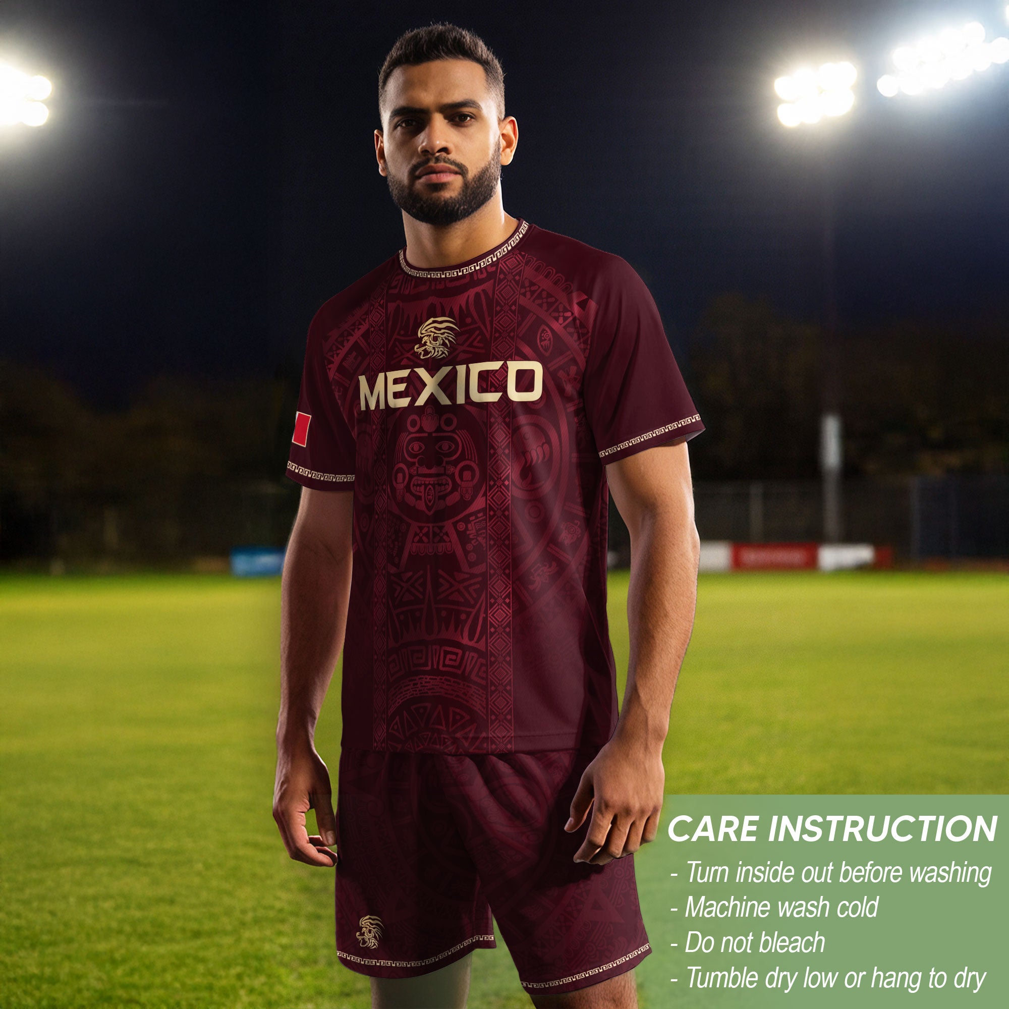 Mexico Heritage Orgullo Mexicano Maroon Burgundy Aztec Calendar Sun Stone Soccer Jersey