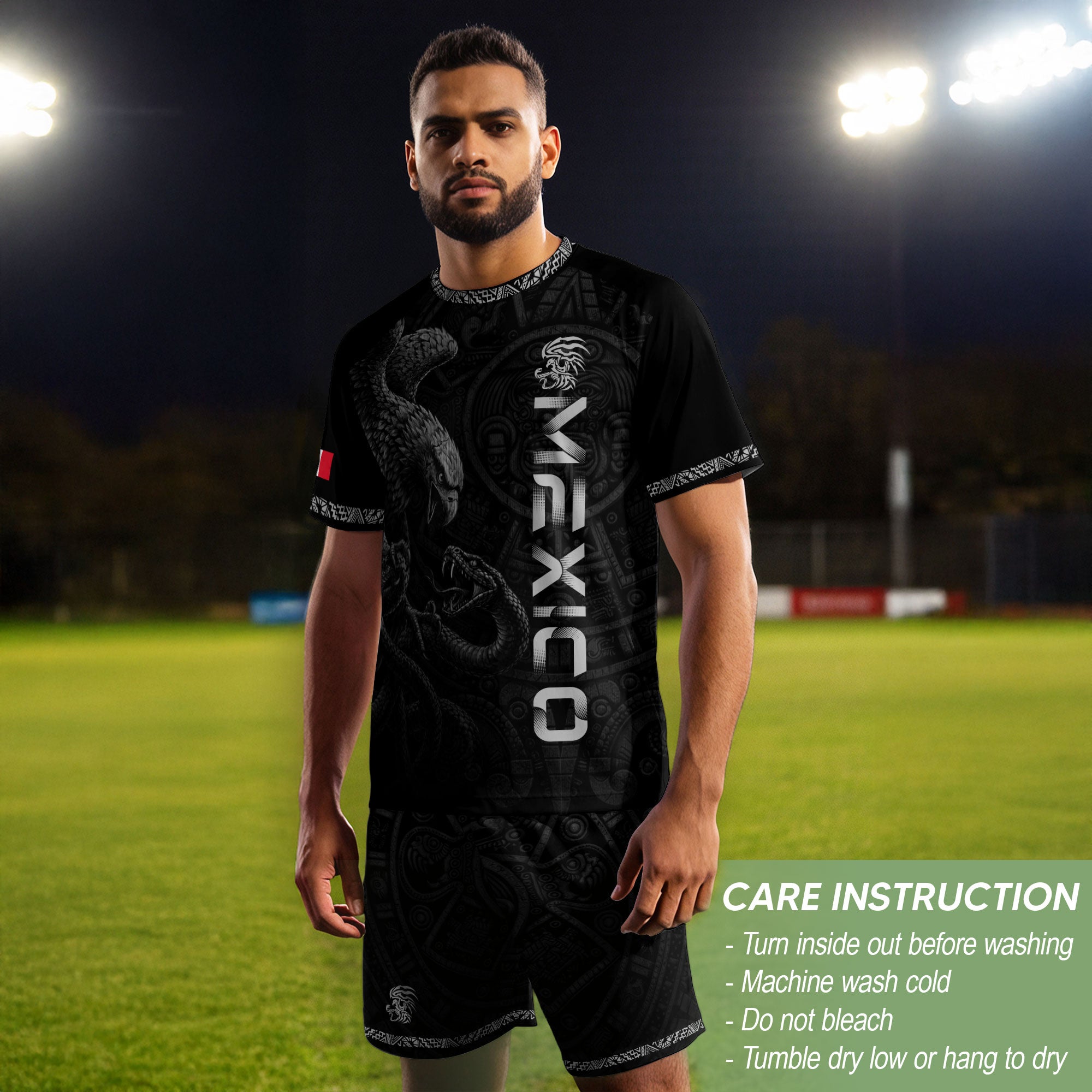 Camiseta de fútbol premium con emblema de águila azteca verde y dorado de México