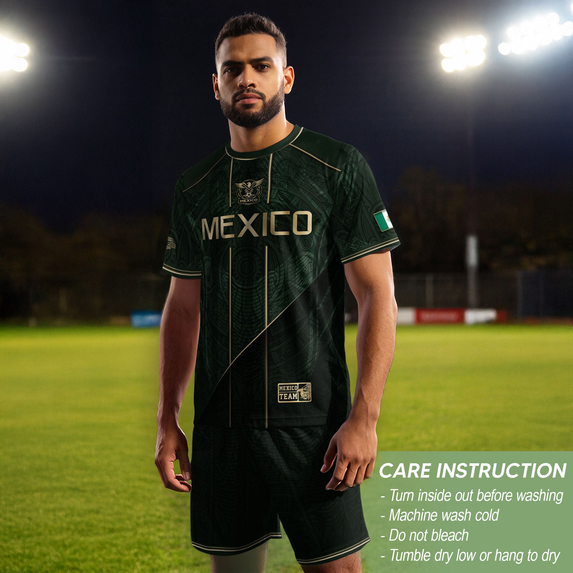 Camiseta de fútbol premium con emblema de águila azteca verde y dorado de México