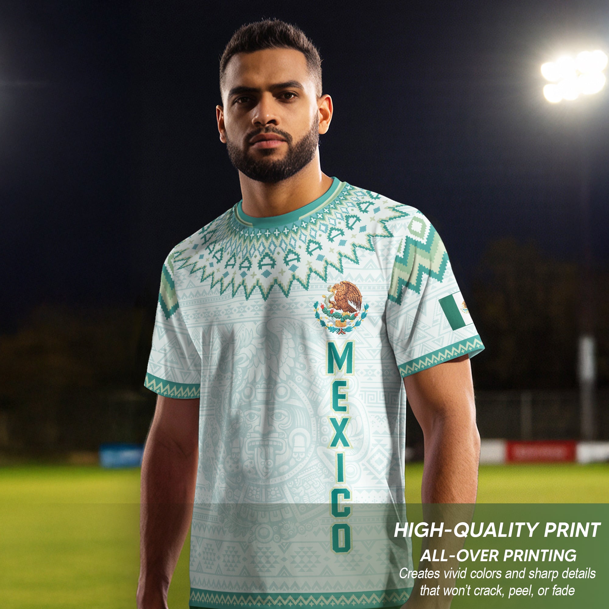 Camiseta de fútbol premium con emblema de águila azteca verde y dorado de México