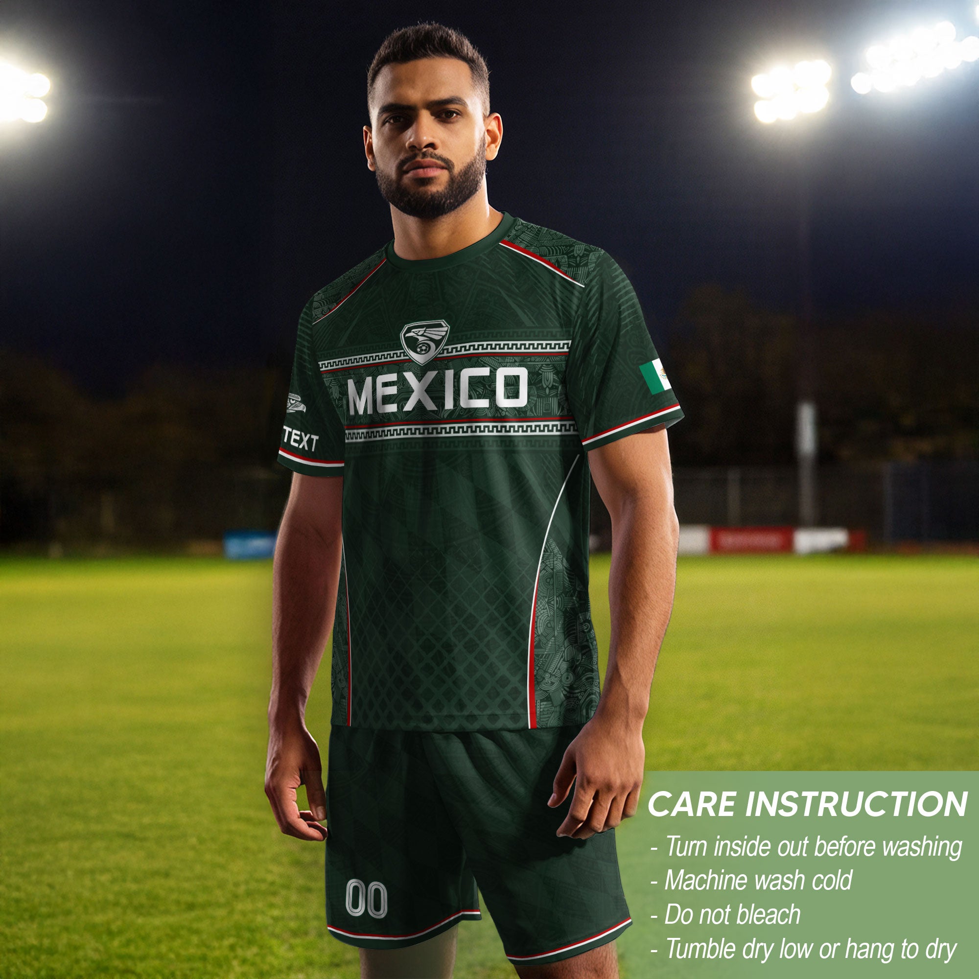 Camiseta de fútbol premium con emblema de águila azteca verde y dorado de México