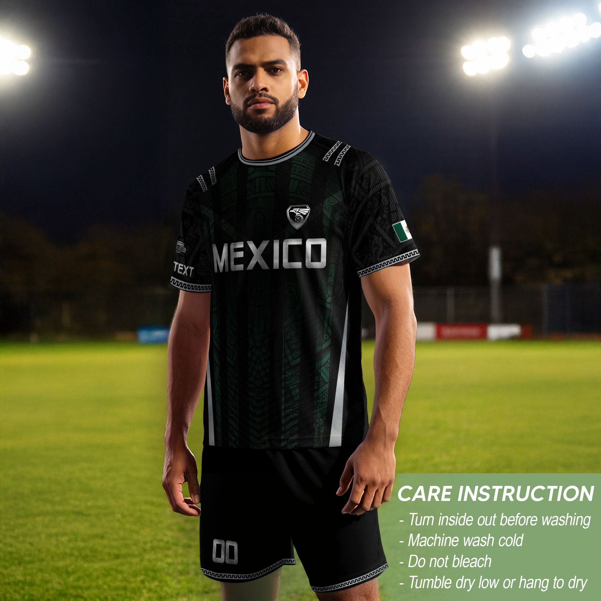 Camiseta de fútbol premium con emblema de águila azteca verde y dorado de México