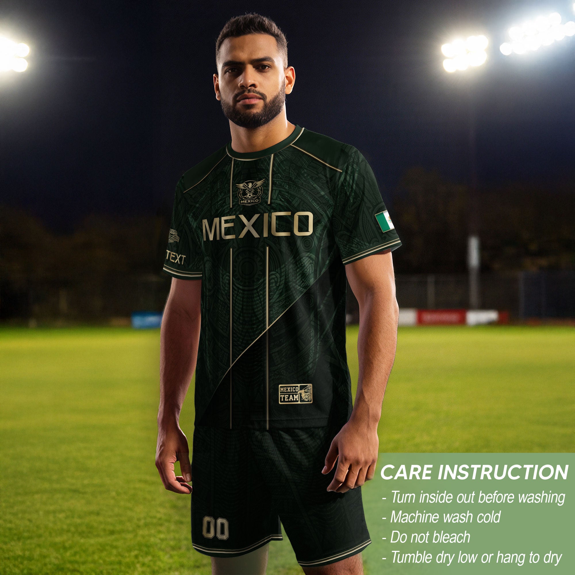 Camiseta de fútbol premium con emblema de águila azteca verde y dorado de México