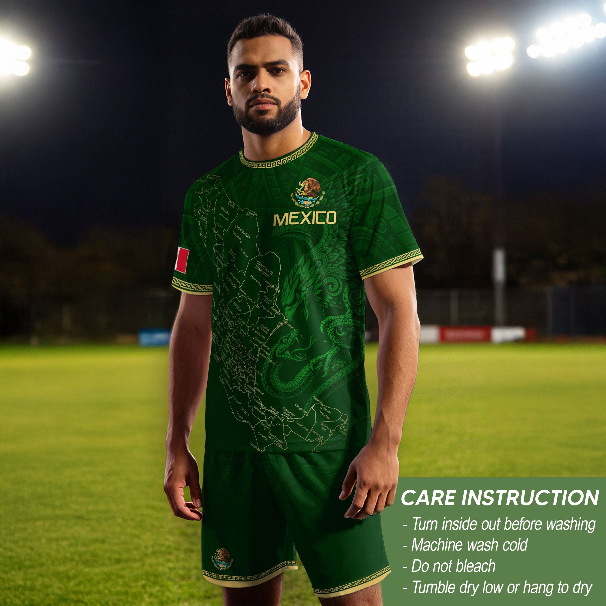 Camiseta de fútbol premium con emblema de águila azteca verde y dorado de México
