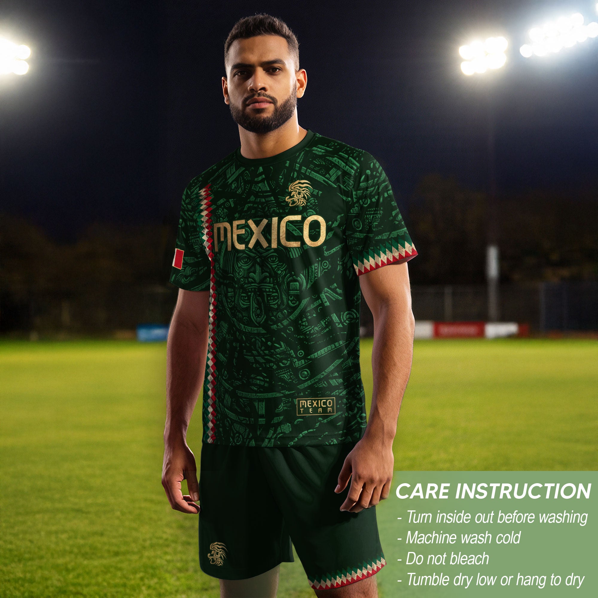 Mexico Soccer Jersey Green Gold Aztec Sun Stone - Mexico National Team Fan Heritage Shirt
