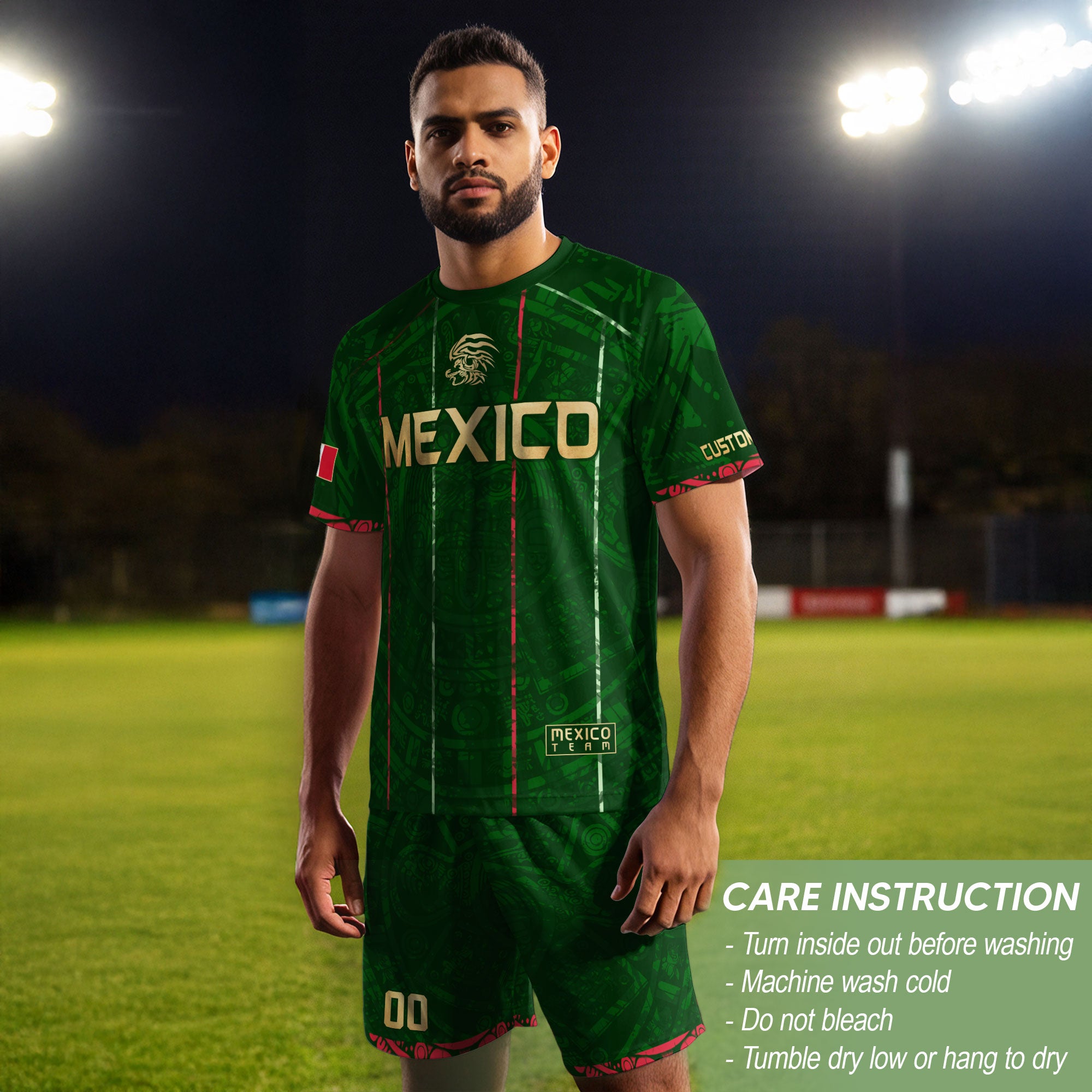Custom Mexico Soccer Jersey – Green Aztec Pattern Striped Football Shirt with Custom Name Number