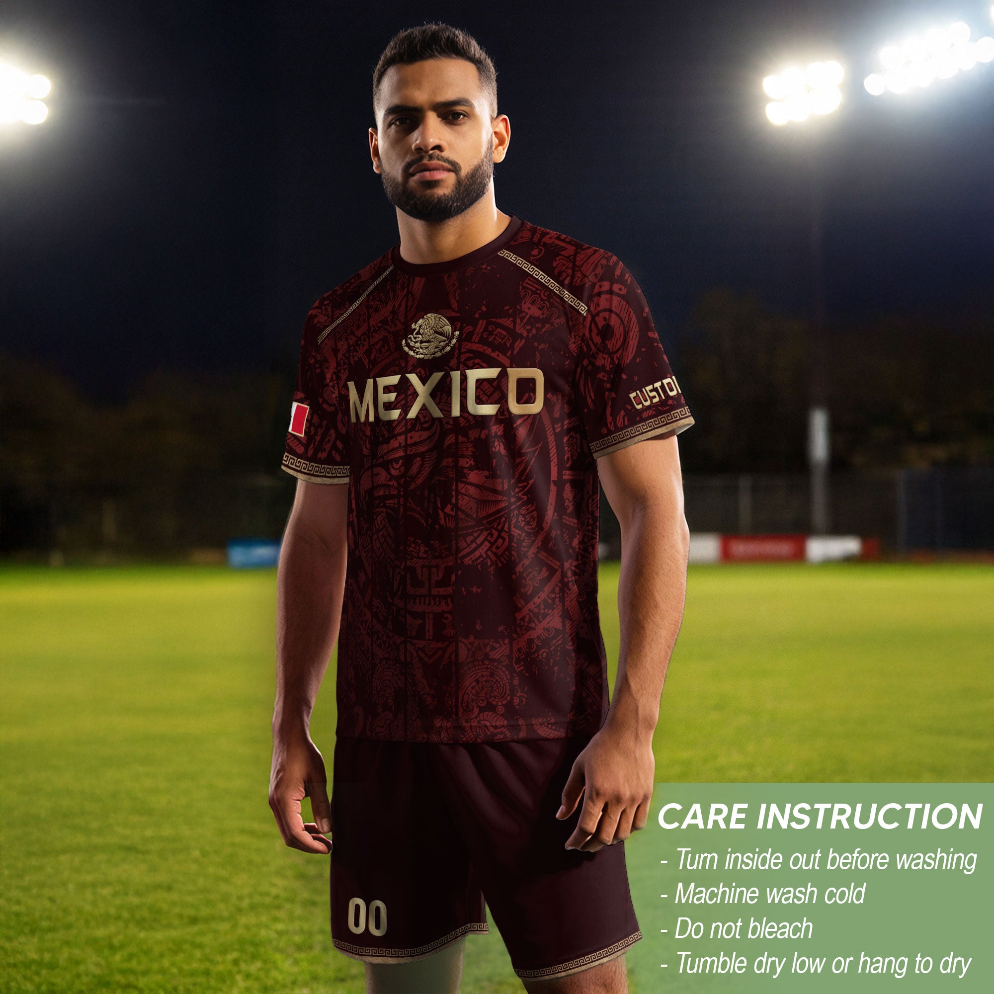 Personalized Mexico Soccer Jersey - Maroon Gold Aztec Calendar Heritage Football Shirt