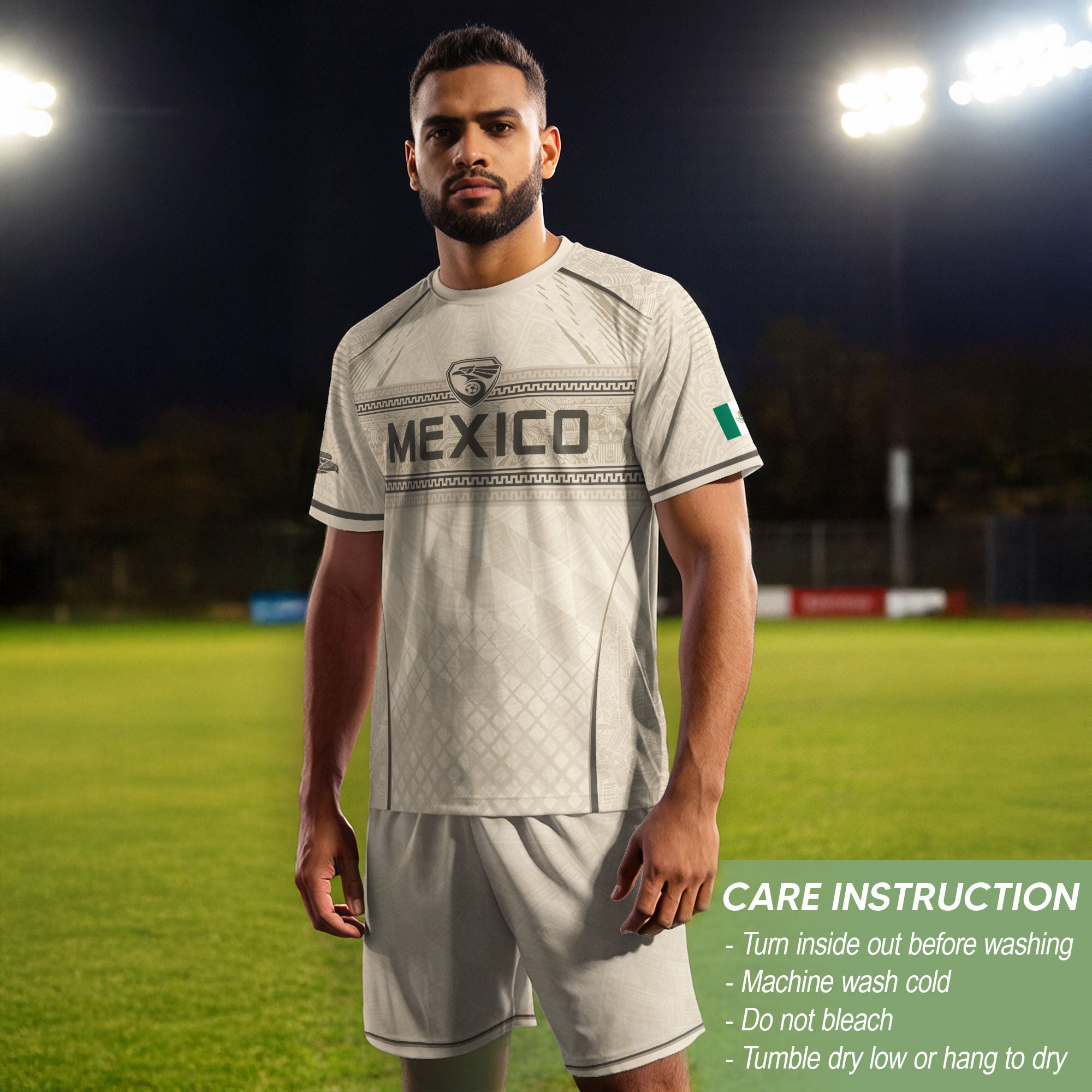 Camiseta de fútbol premium con emblema de águila azteca verde y dorado de México