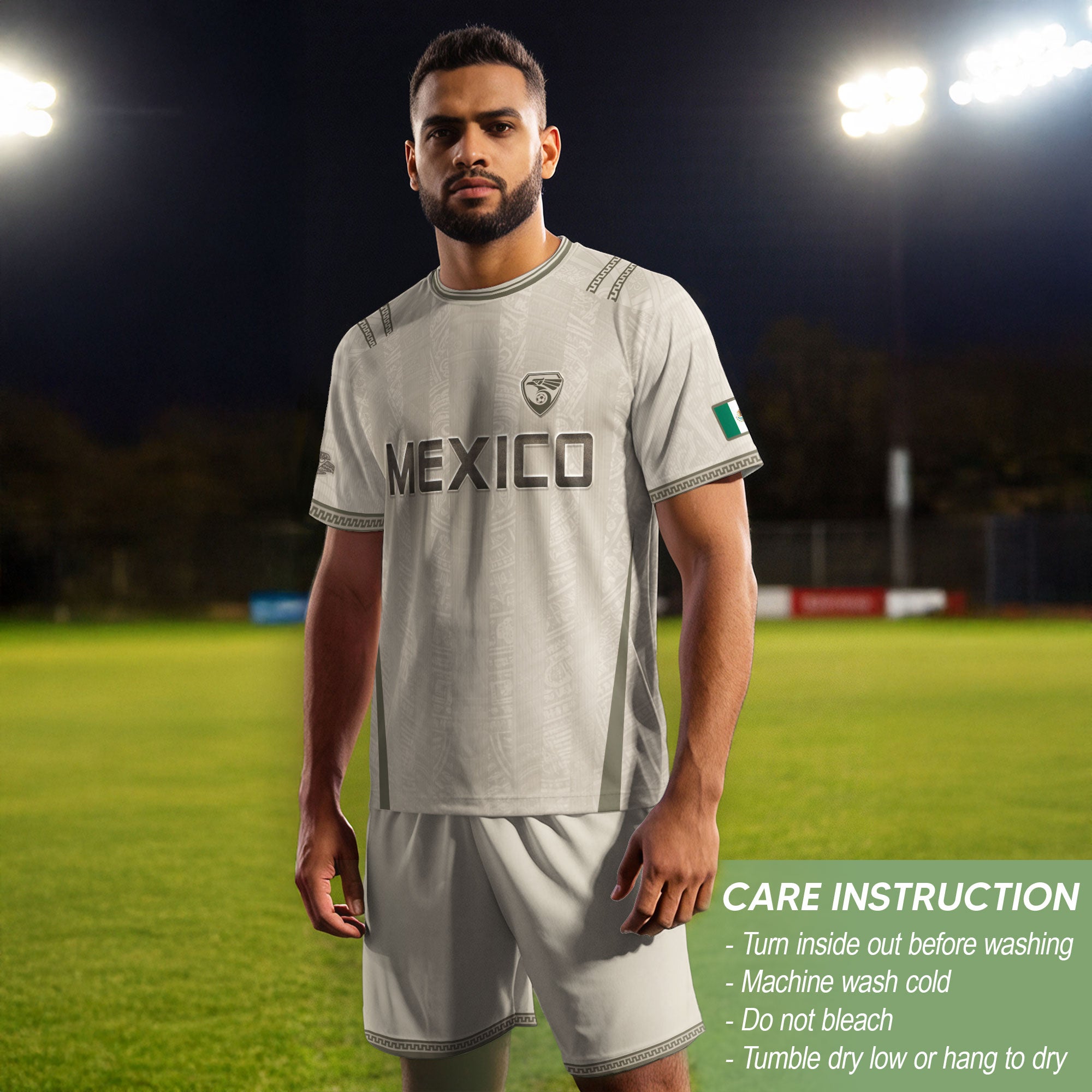 Camiseta de fútbol premium con emblema de águila azteca verde y dorado de México