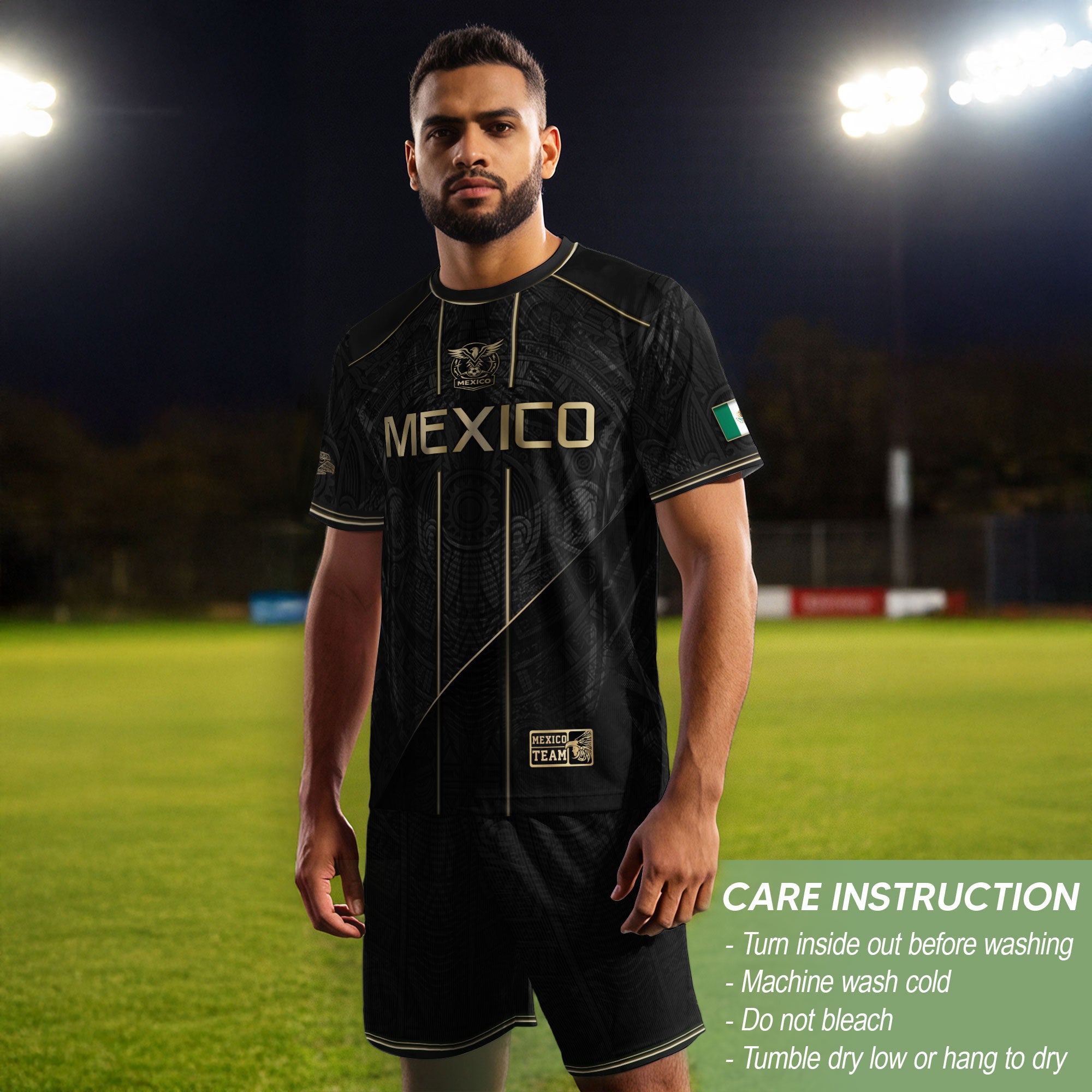 Camiseta de fútbol premium con emblema de águila azteca verde y dorado de México