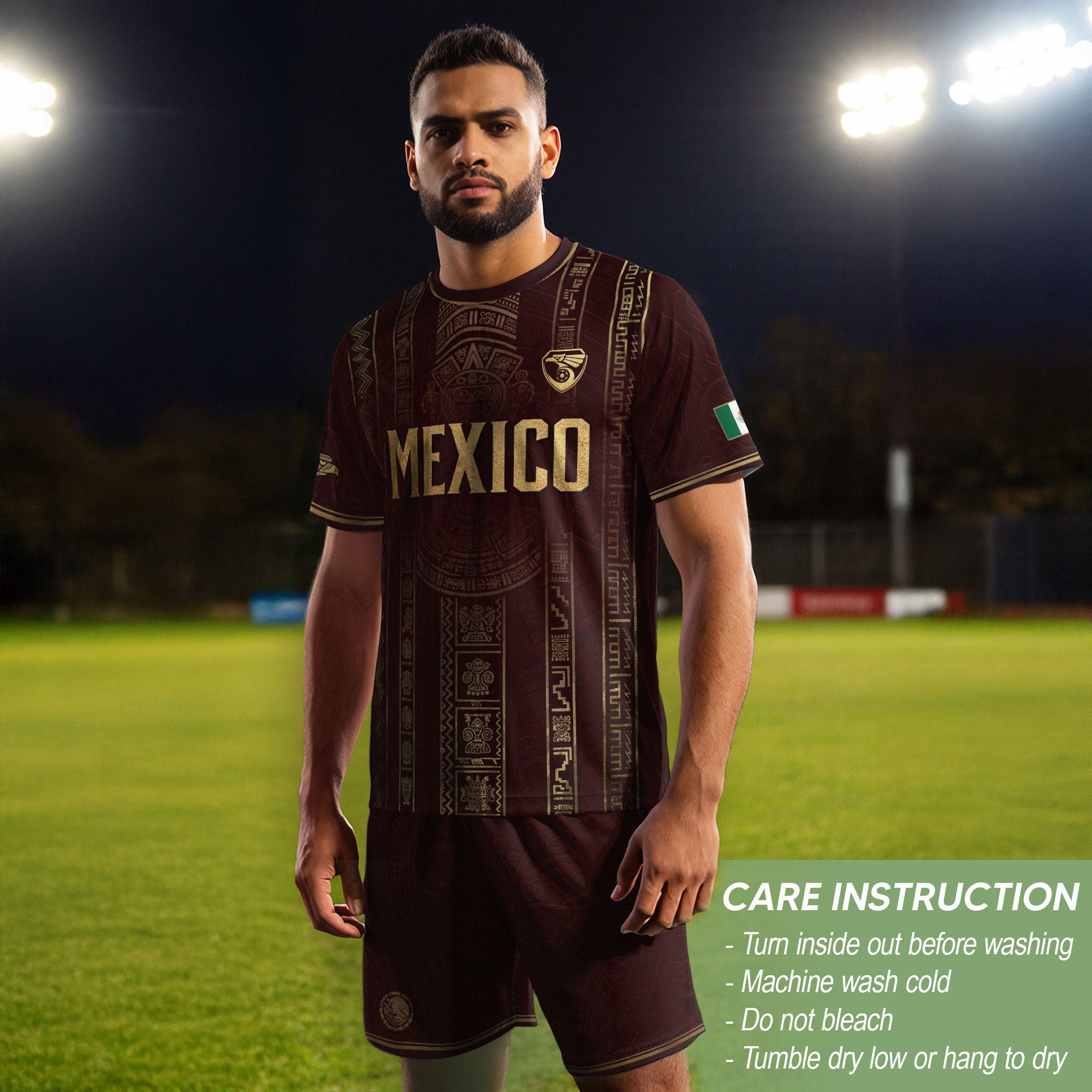 Camiseta de fútbol premium con emblema de águila azteca verde y dorado de México