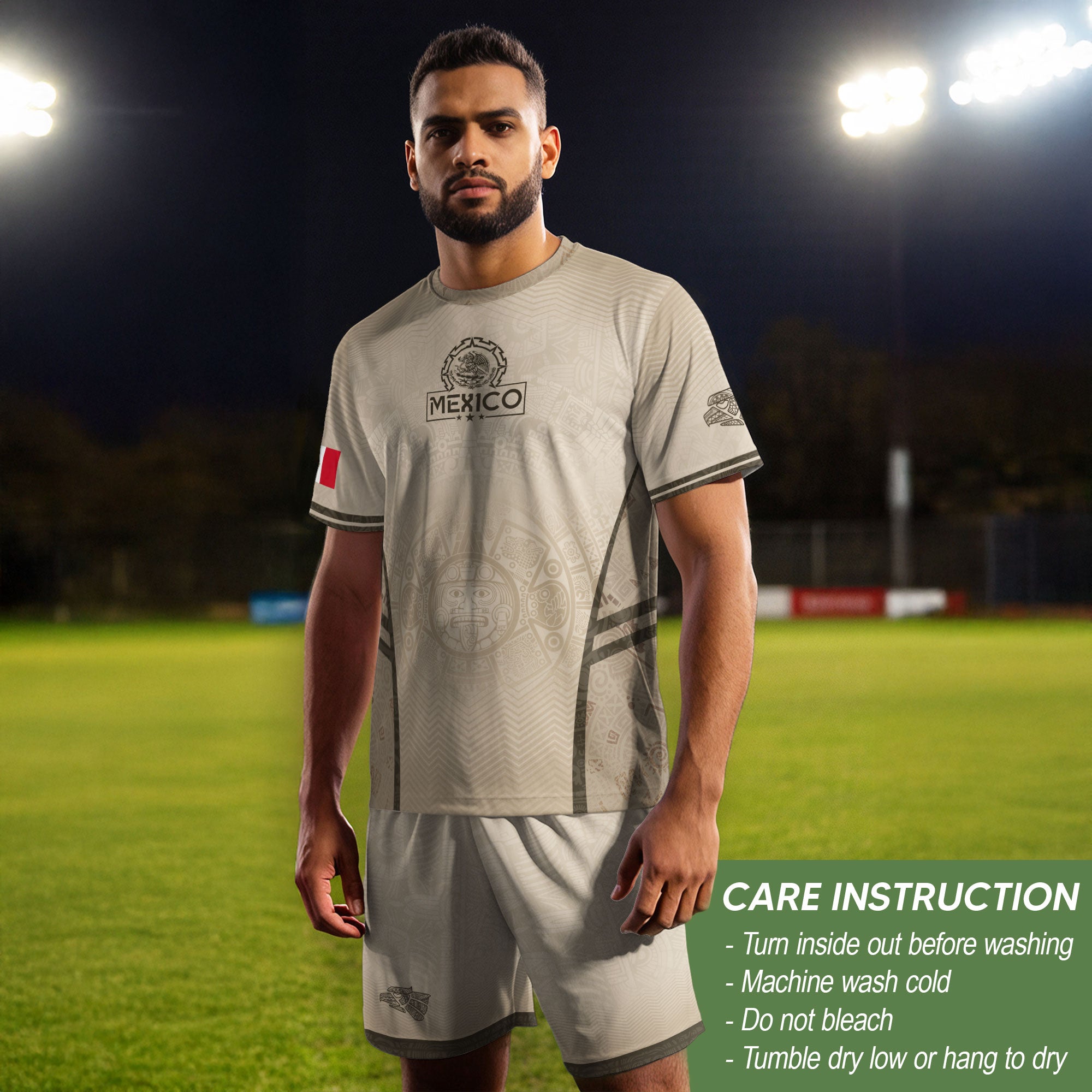 Camiseta de fútbol premium con emblema de águila azteca verde y dorado de México