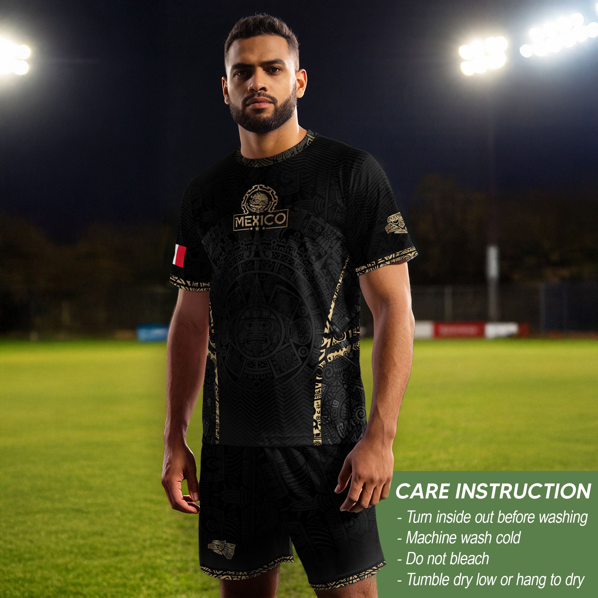 Camiseta de fútbol premium con emblema de águila azteca verde y dorado de México