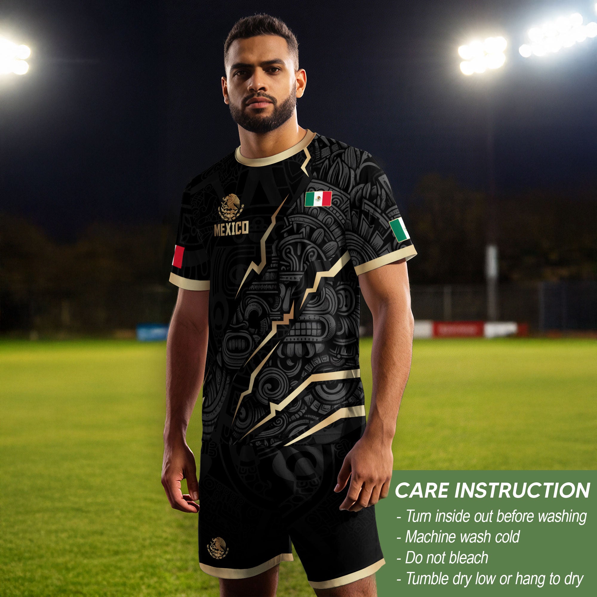Camiseta de fútbol de la herencia del guerrero azteca del águila dorada negra de México