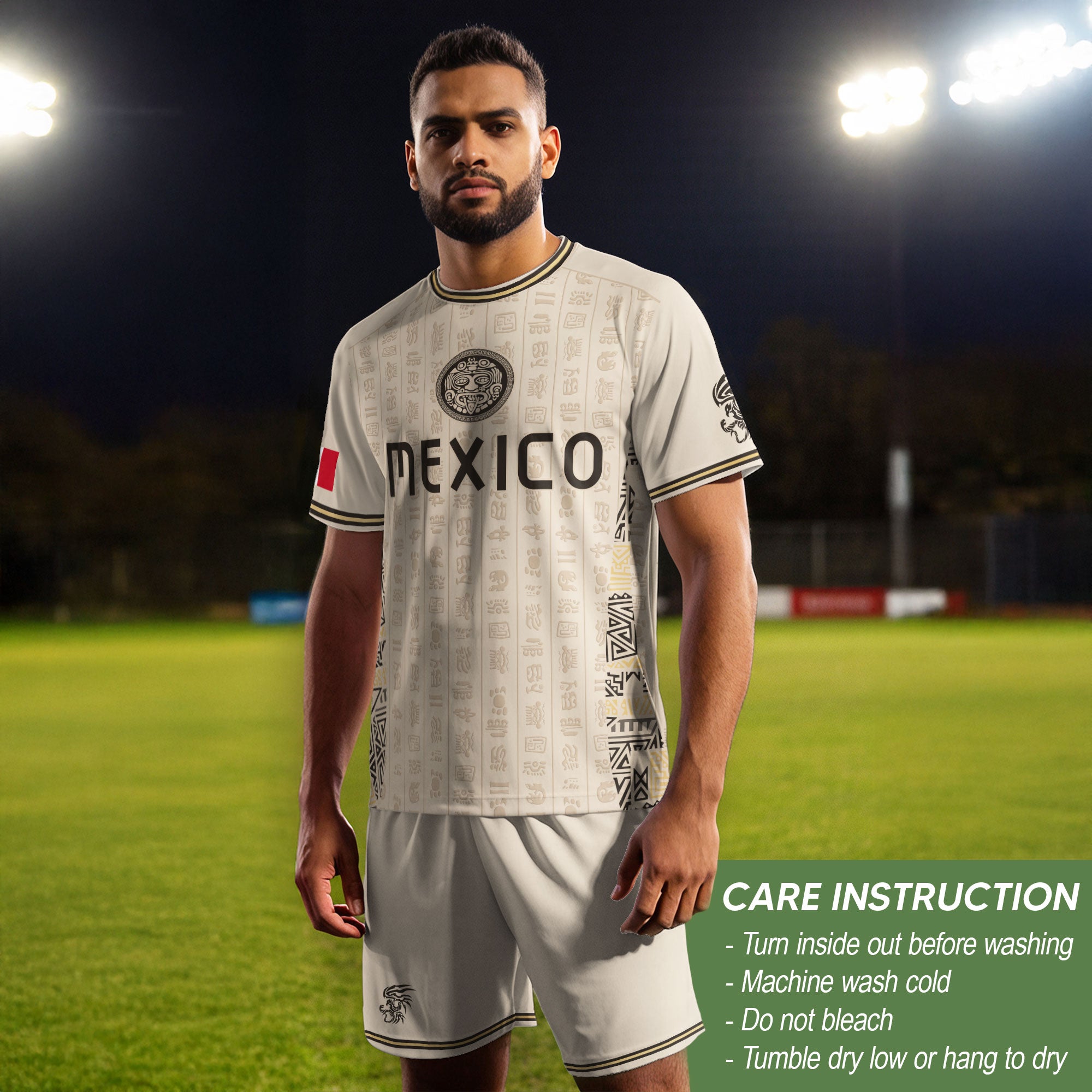 Camiseta de fútbol premium con emblema de águila azteca verde y dorado de México
