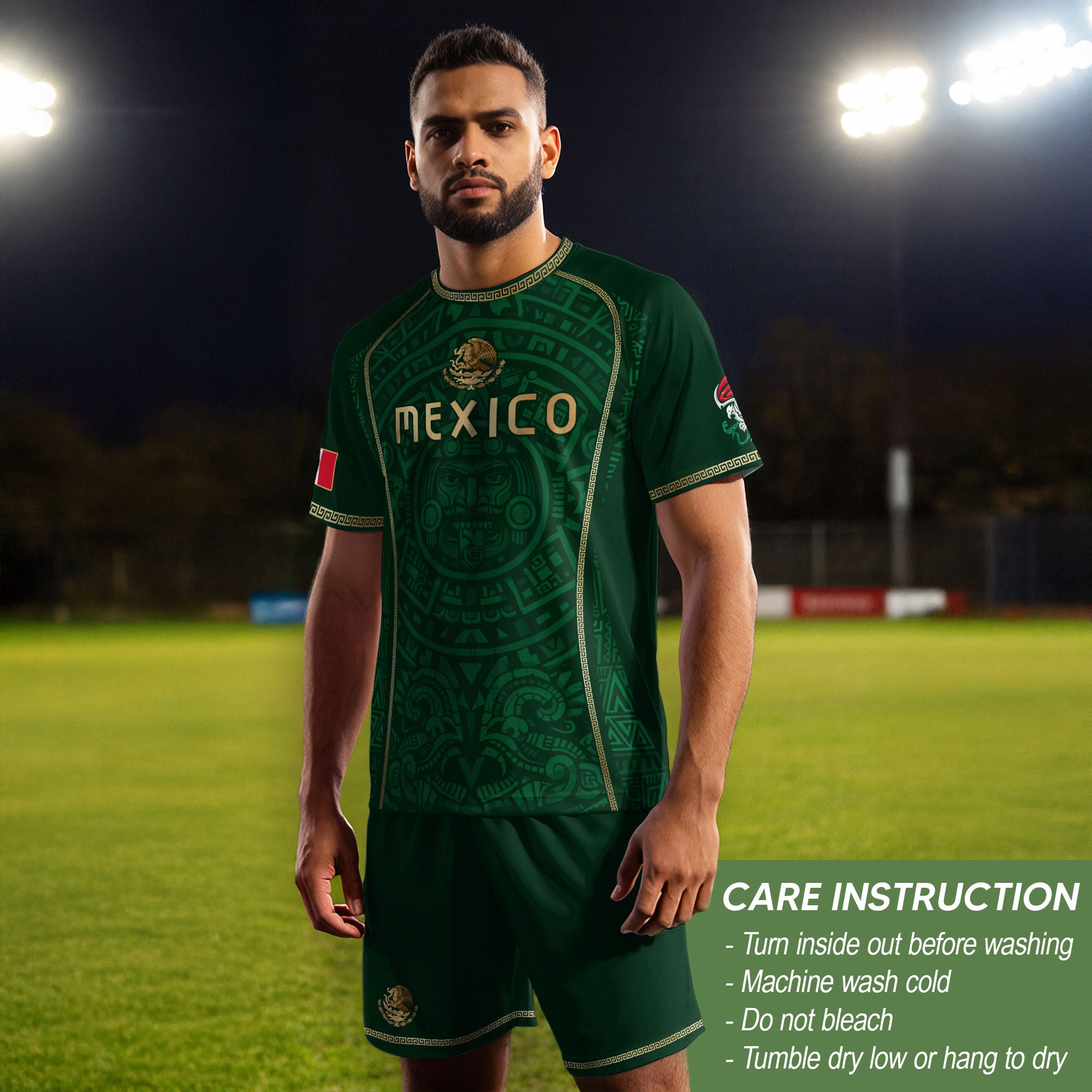 Camiseta de fútbol premium con emblema de águila azteca verde y dorado de México