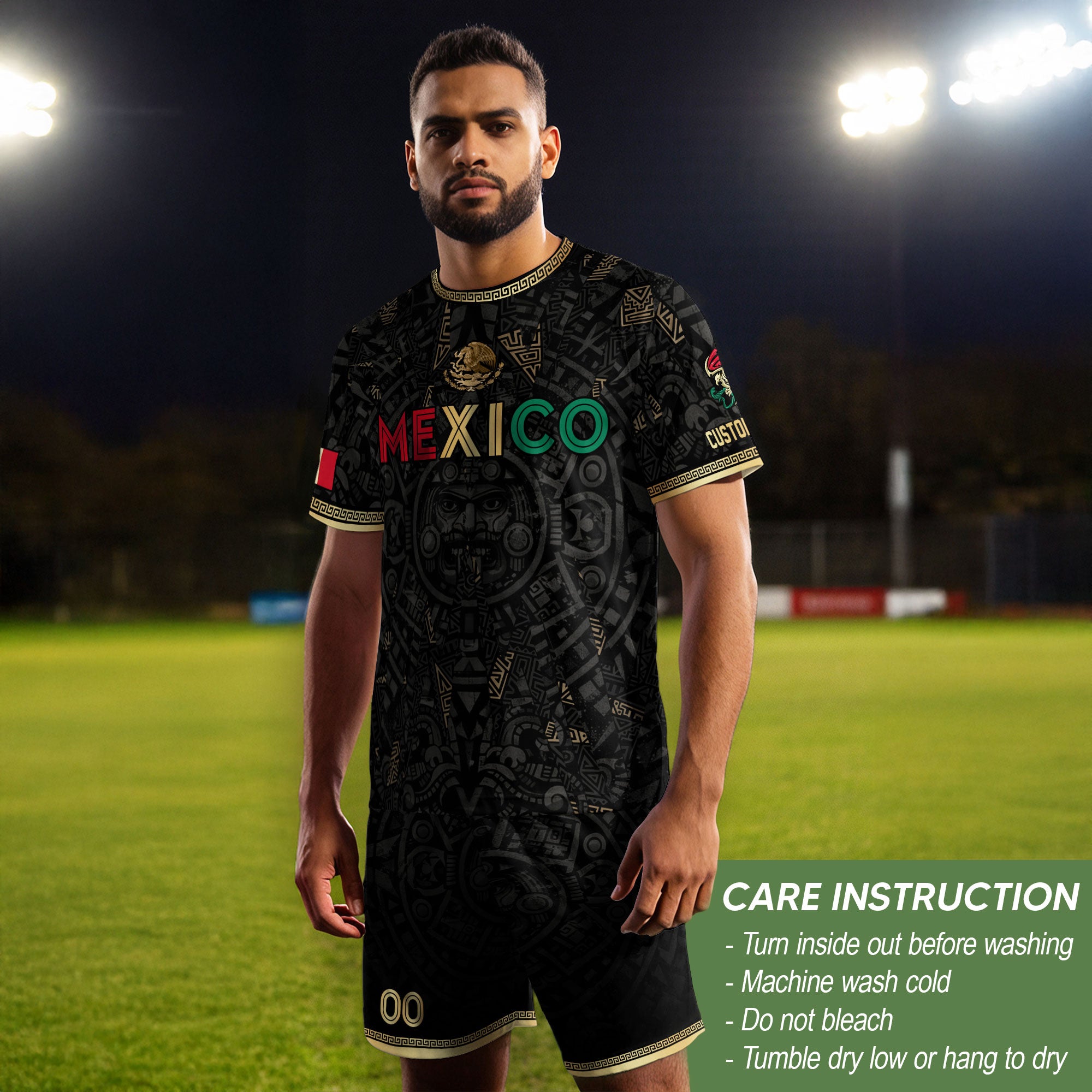 Personalized Mexico Soccer Jersey Black Aztec Calendar Men Mexican Football Shirt Flag