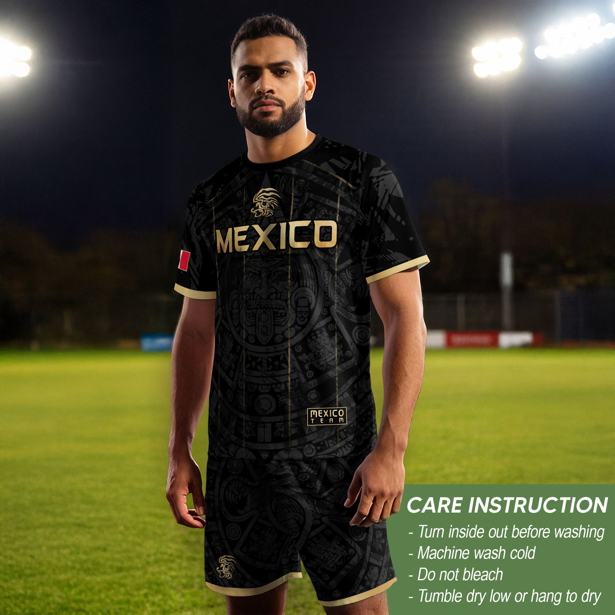 Men's Black Mexico Aztec Calendar Graphic T-Shirt – Gold Mexico Eagle Heritage Print Tee