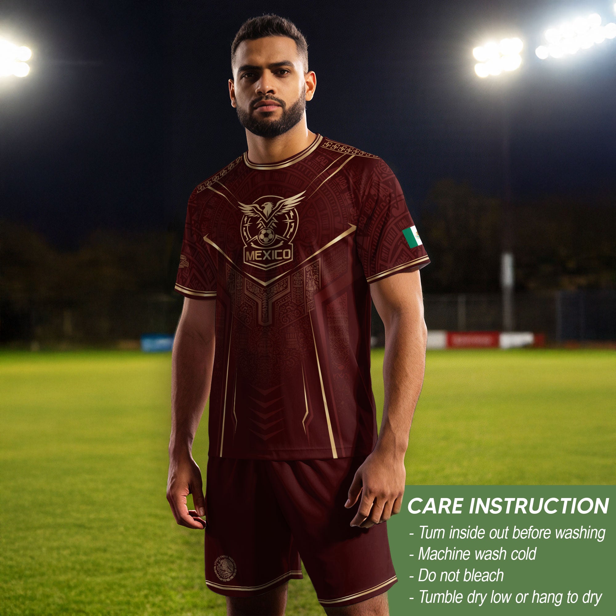Camiseta de fútbol premium con emblema de águila azteca verde y dorado de México