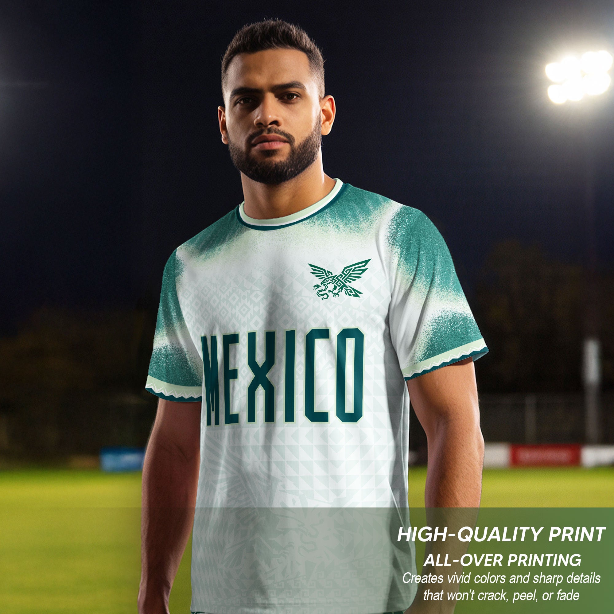 Camiseta de fútbol premium con emblema de águila azteca verde y dorado de México