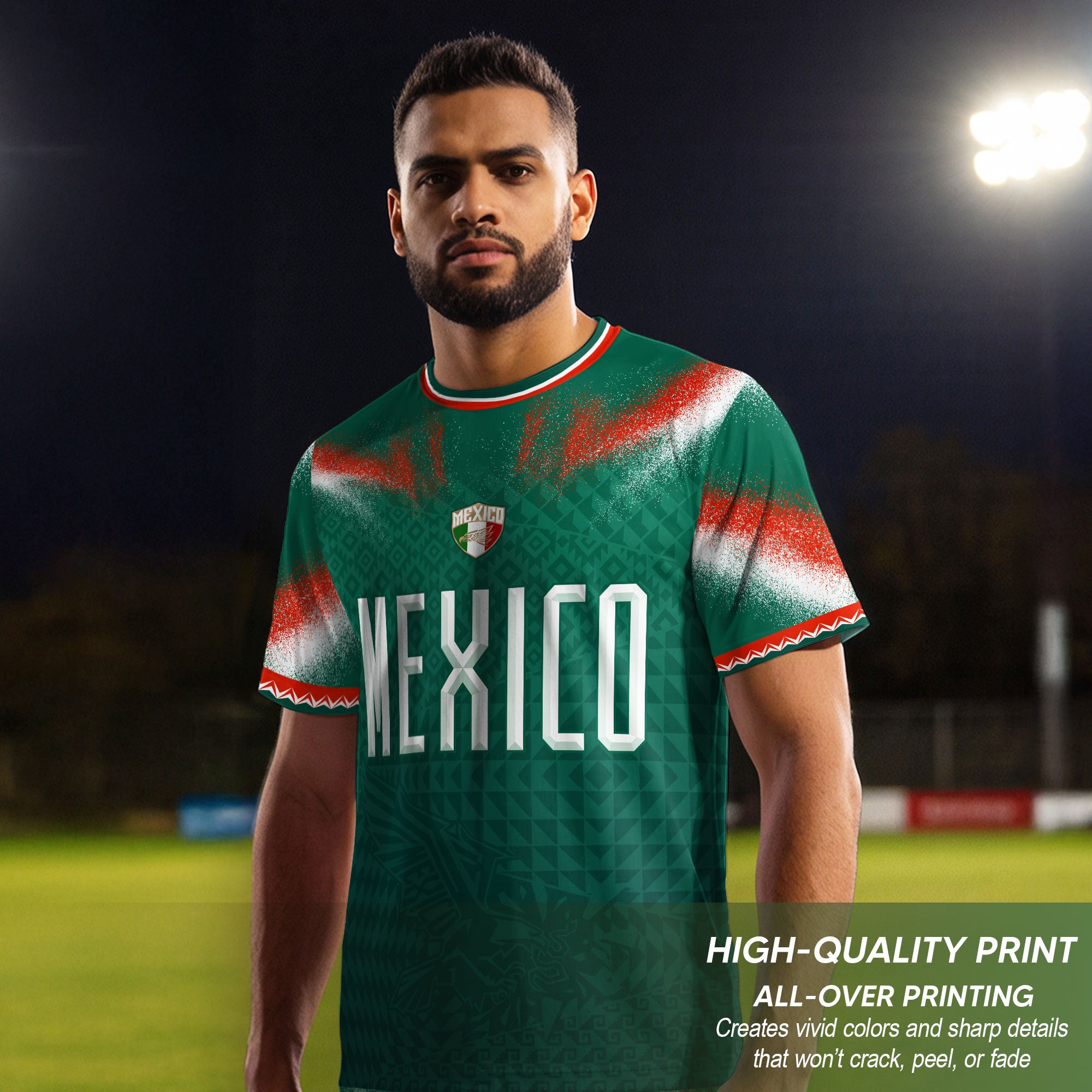 Camiseta de fútbol premium con emblema de águila azteca verde y dorado de México