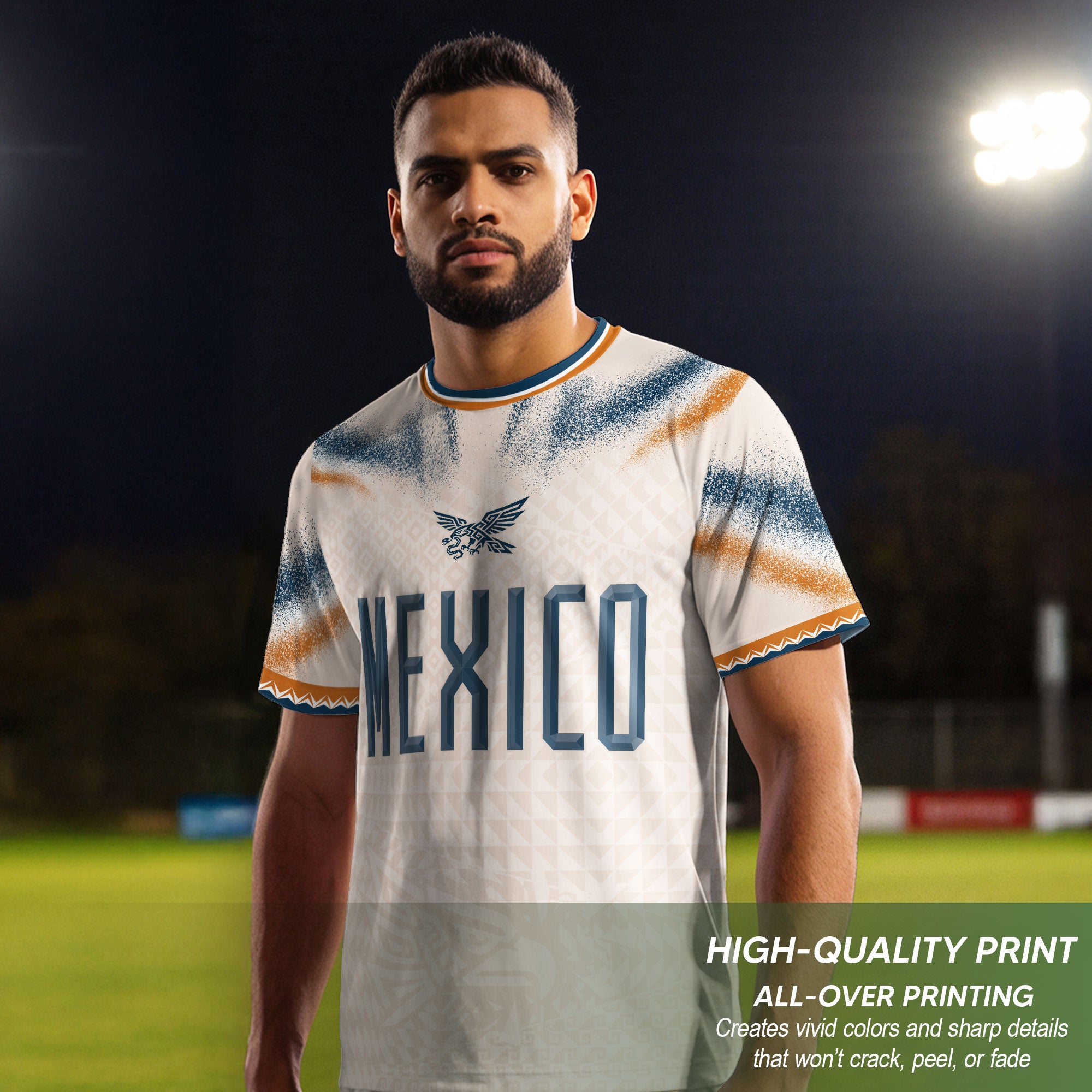 Mexico Soccer Shirt Beige Breathable Fabric Graphic Print Sport Training Jersey Tee