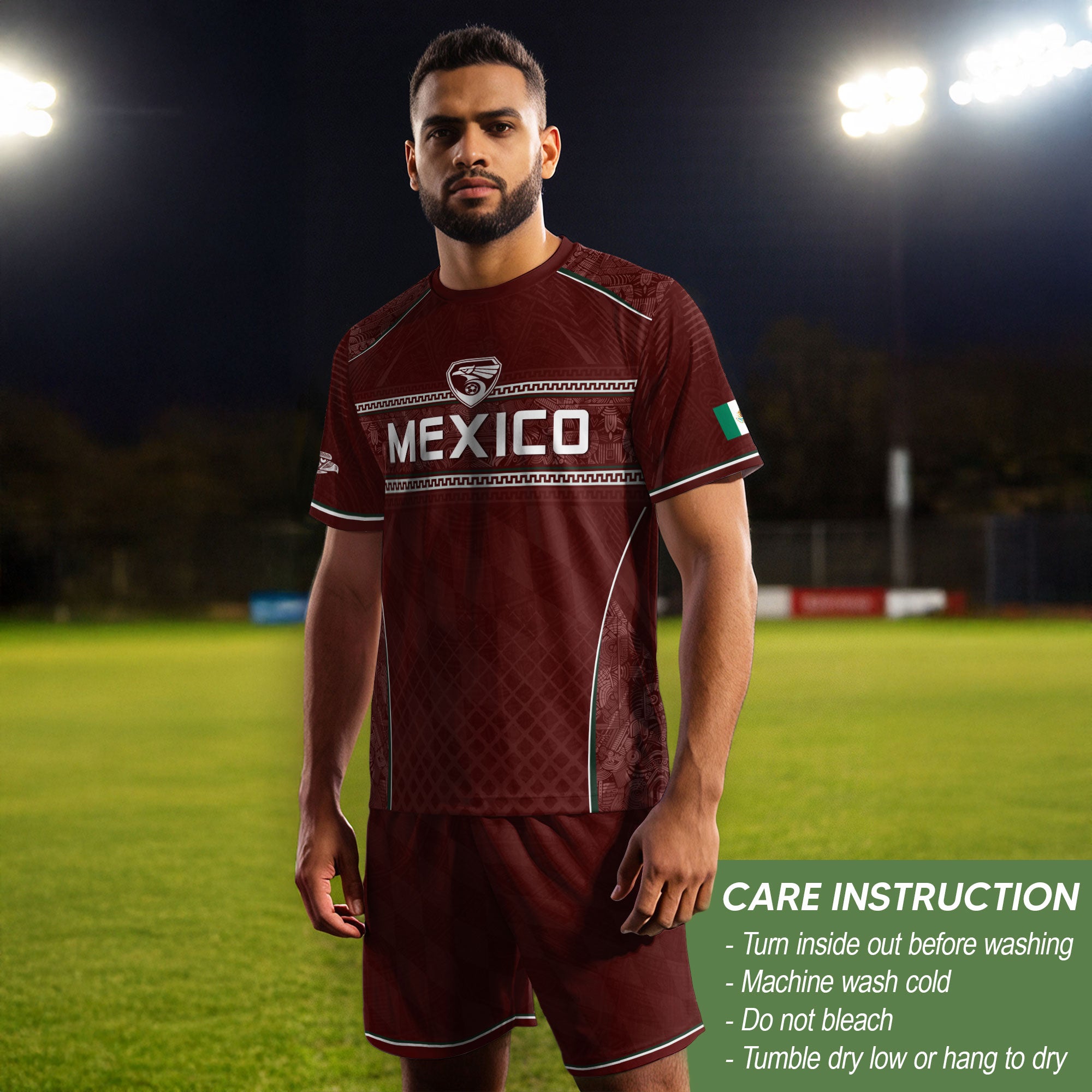 Camiseta de fútbol premium con emblema de águila azteca verde y dorado de México
