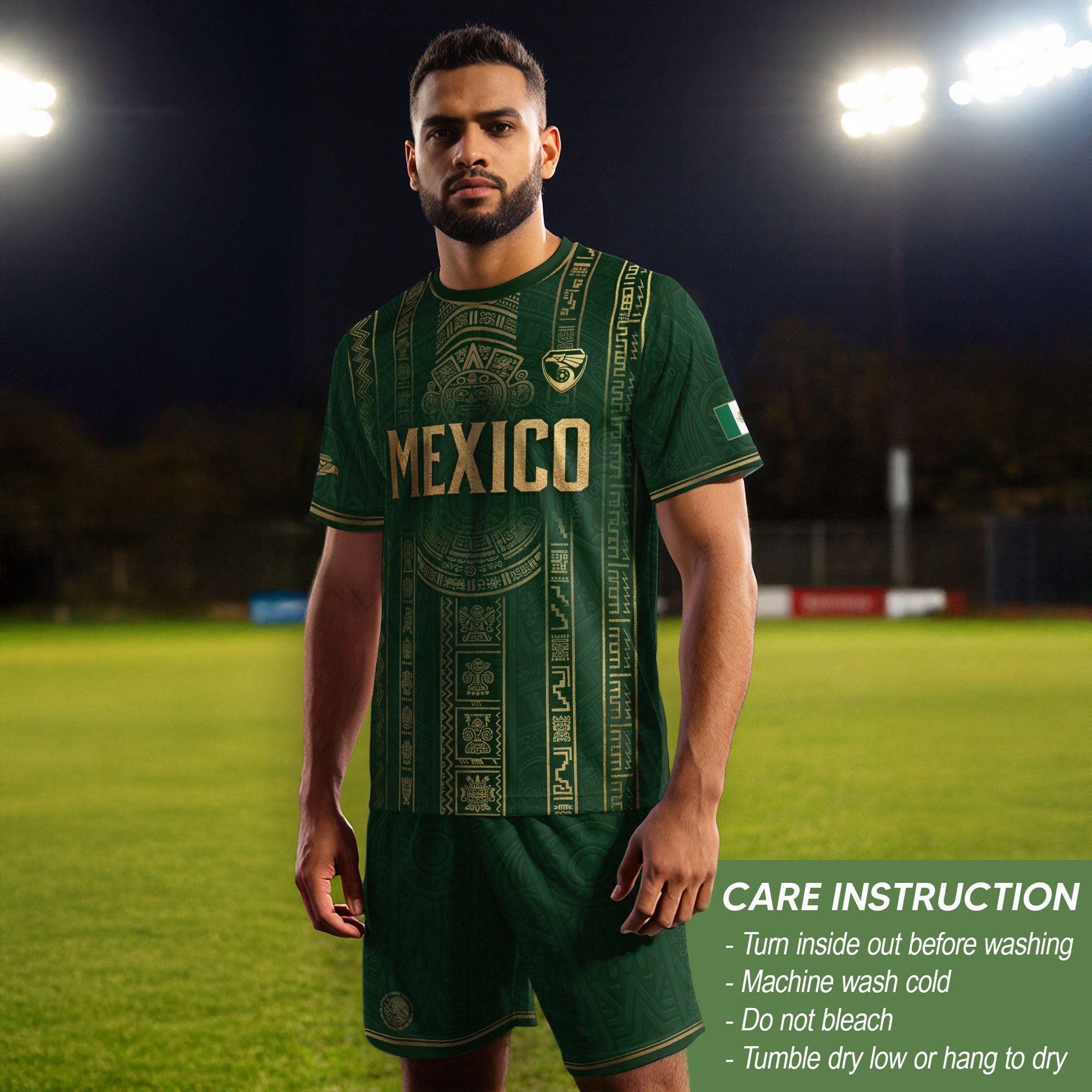 Mexico Soccer Jersey Men Green Gold Aztec Sun Stone Mexican