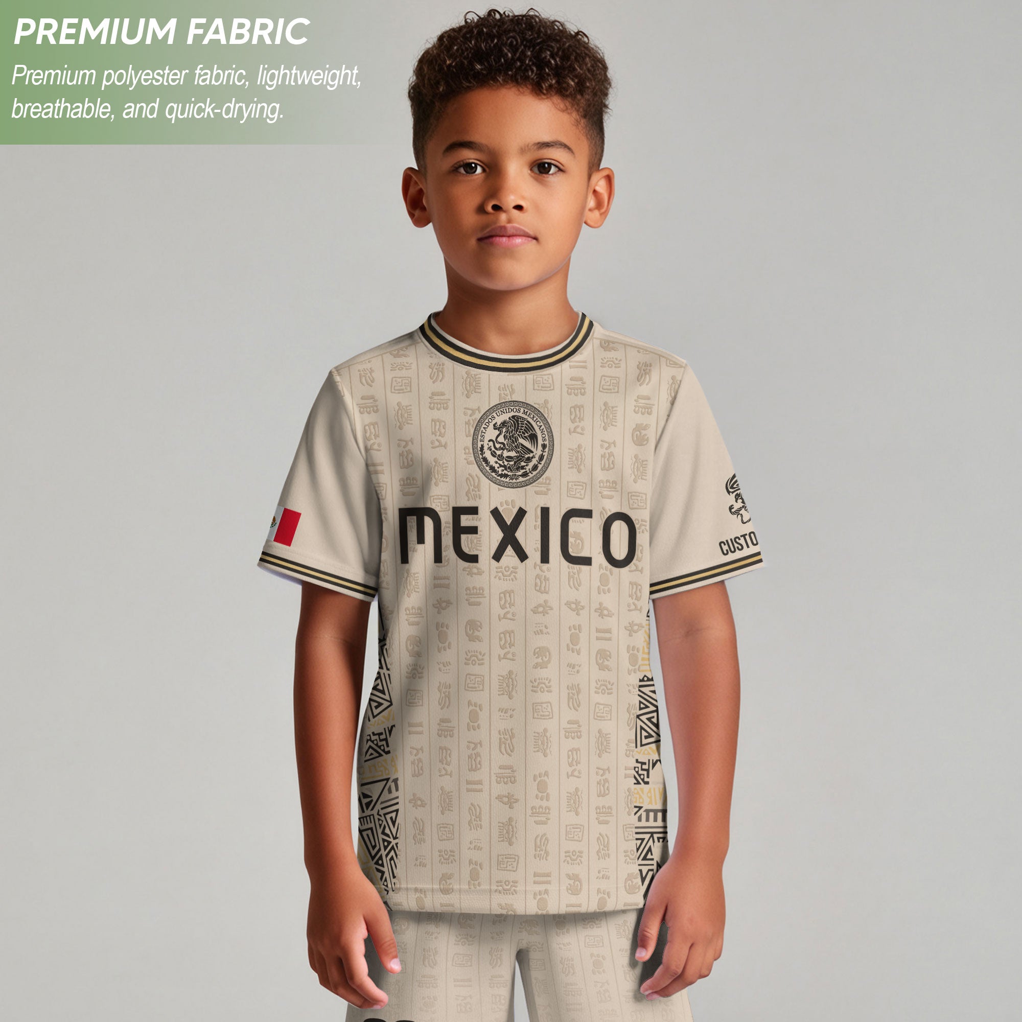 Custom Kid Mexico Soccer Jersey Sand Color Mayan Graphic Personalized Youth Top