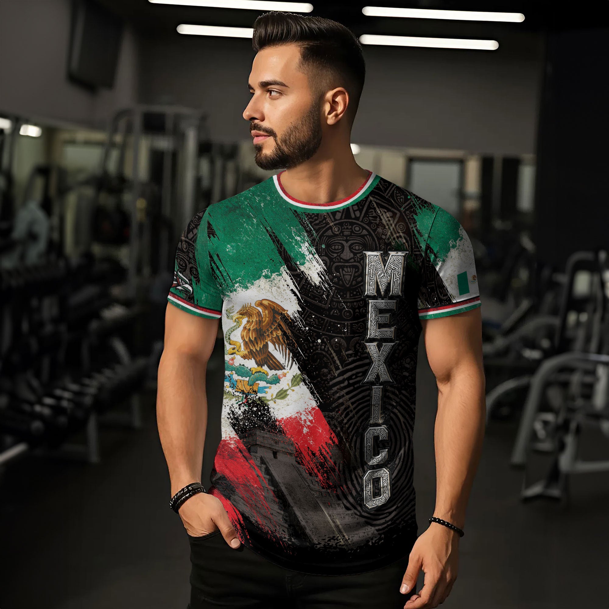 Mexico T-Shirt All Over Print Aztec Eagle Mexican Flag Shirt Men Graphic Tee