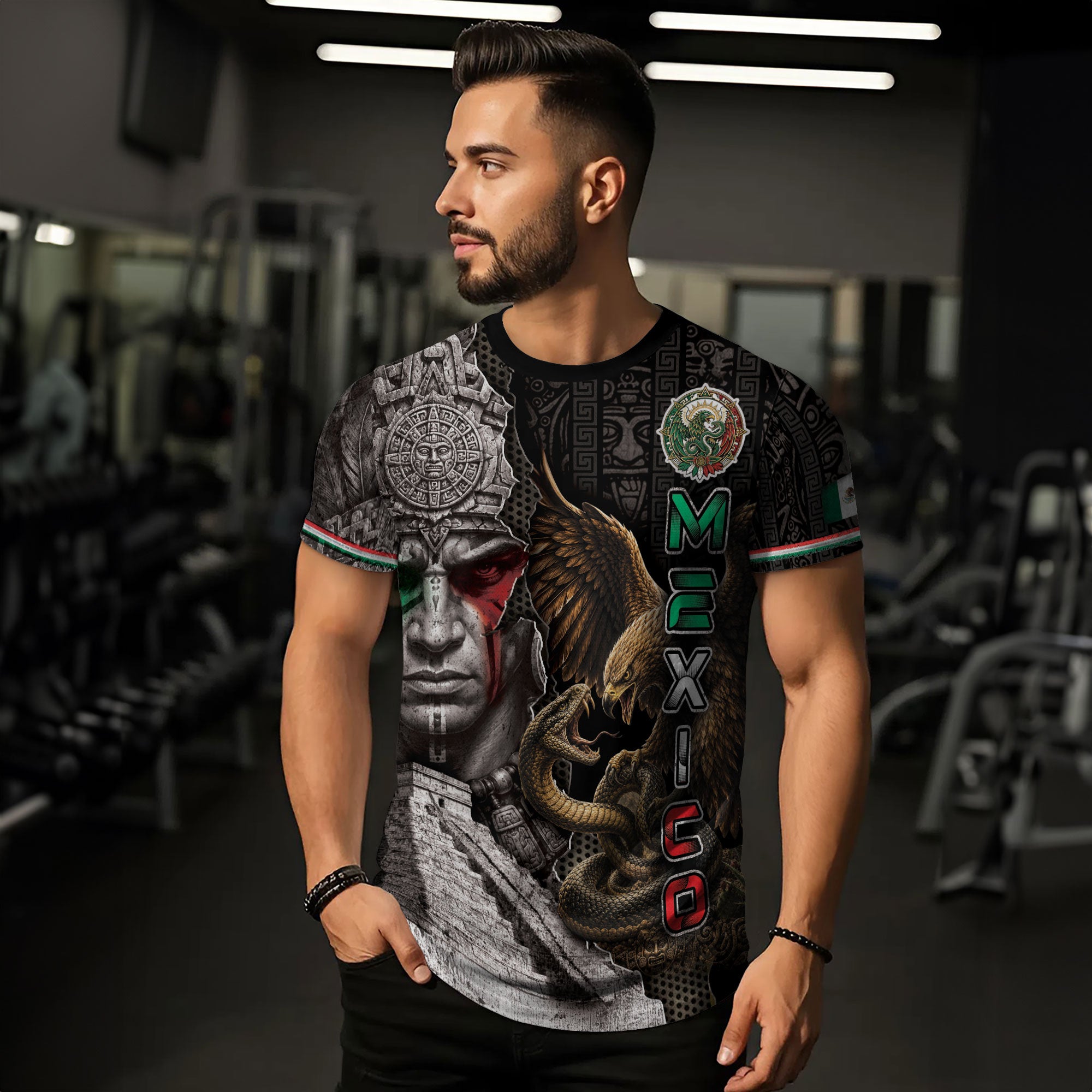 Mexico T-Shirt Aztec Warrior Mayan Pyramid Eagle Serpent Graphic Tee Shirt