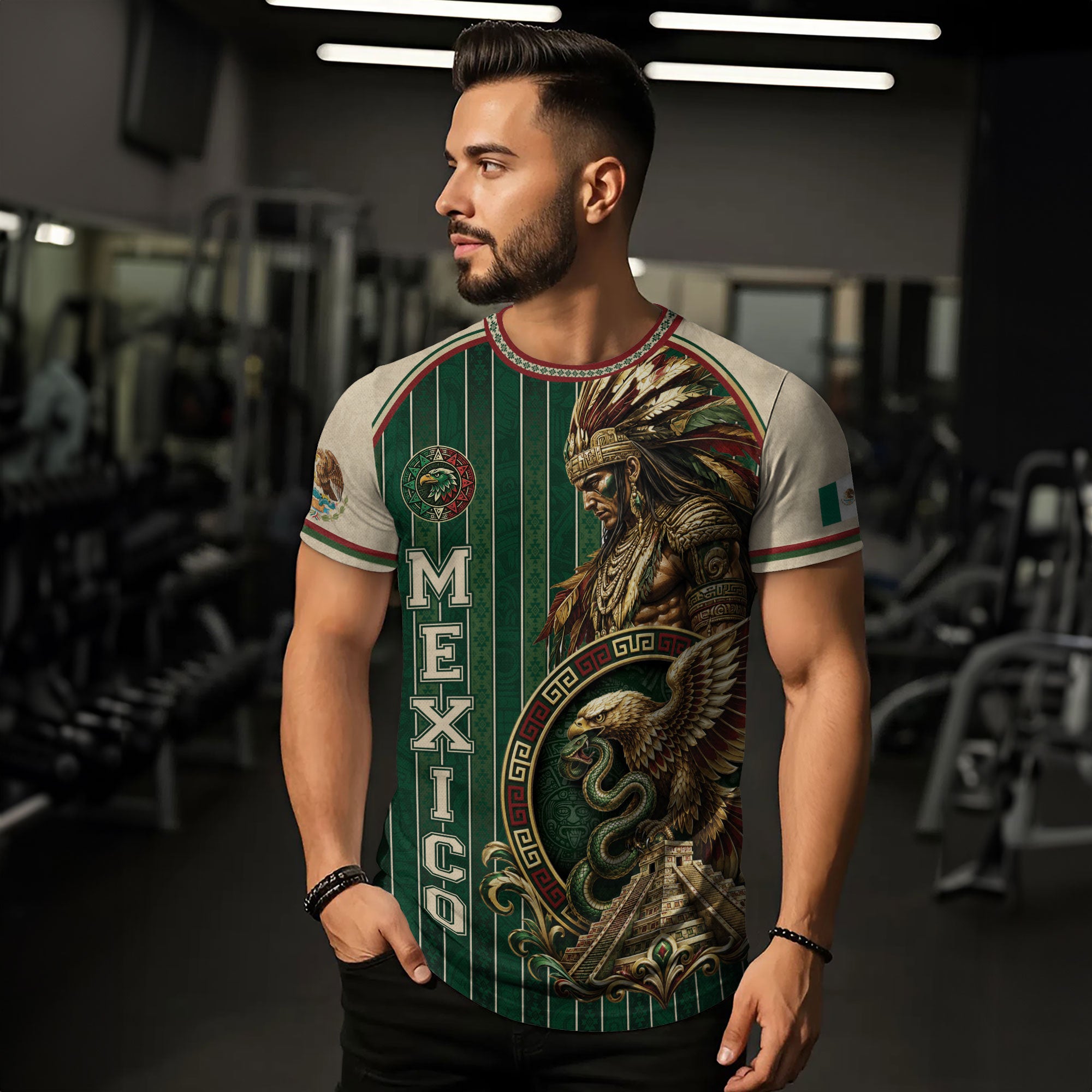 Camiseta con la bandera de México, Guadalupe, herencia floral azteca, legado del orgullo nacional