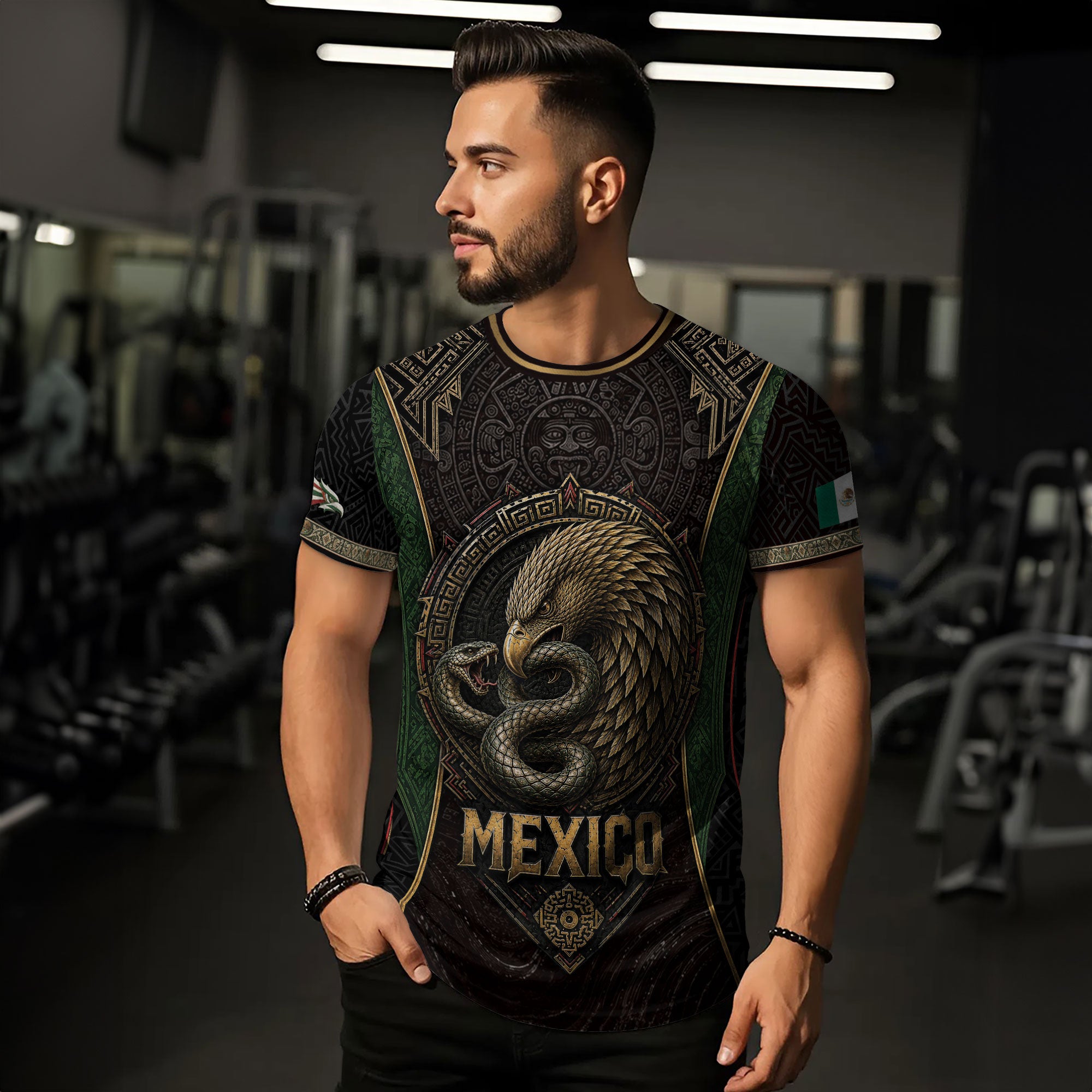 Camiseta con la bandera de México, Guadalupe, herencia floral azteca, legado del orgullo nacional